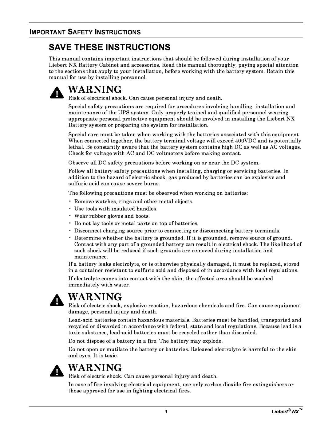 Emerson 225-600KVA installation manual Important Safety Instructions, Save These Instructions 