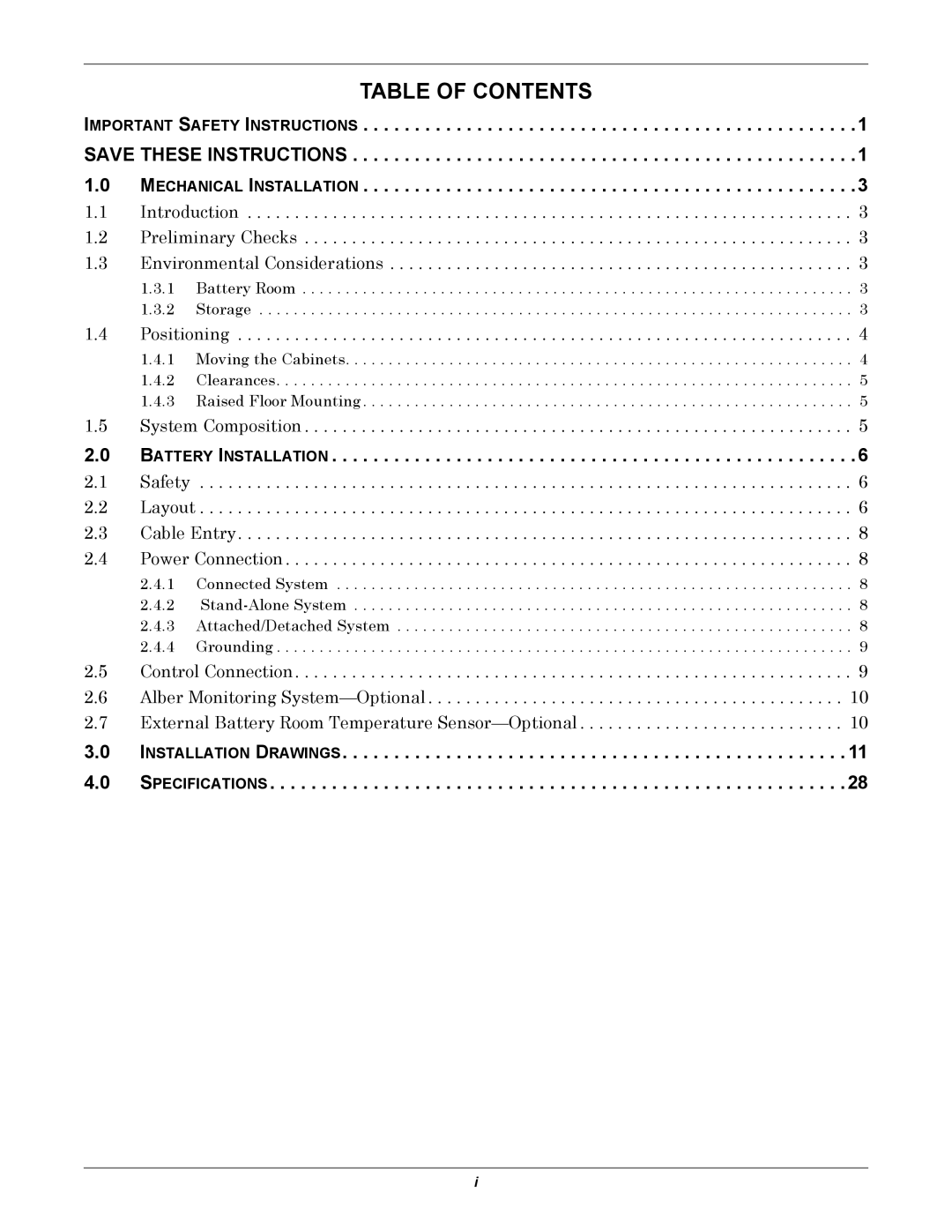 Emerson 225-600KVA installation manual Table of Contents 