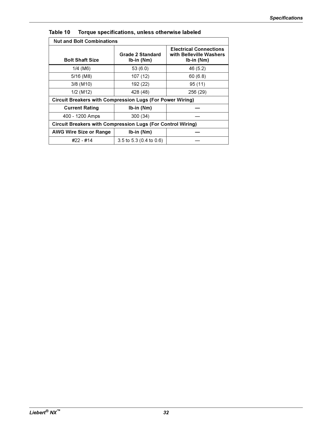 Emerson 225-600KVA installation manual Torque specifications, unless otherwise labeled 