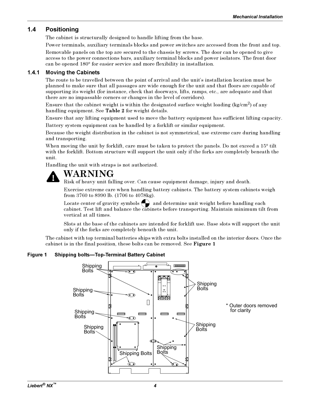 Emerson 225-600KVA installation manual Positioning, Shipping bolts-Top-Terminal Battery Cabinet 