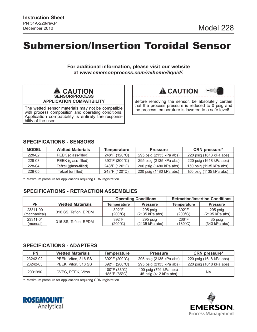 Emerson 228 specifications Specifications Sensors, Specifications Retraction Assemblies, Specifications Adapters, Model 