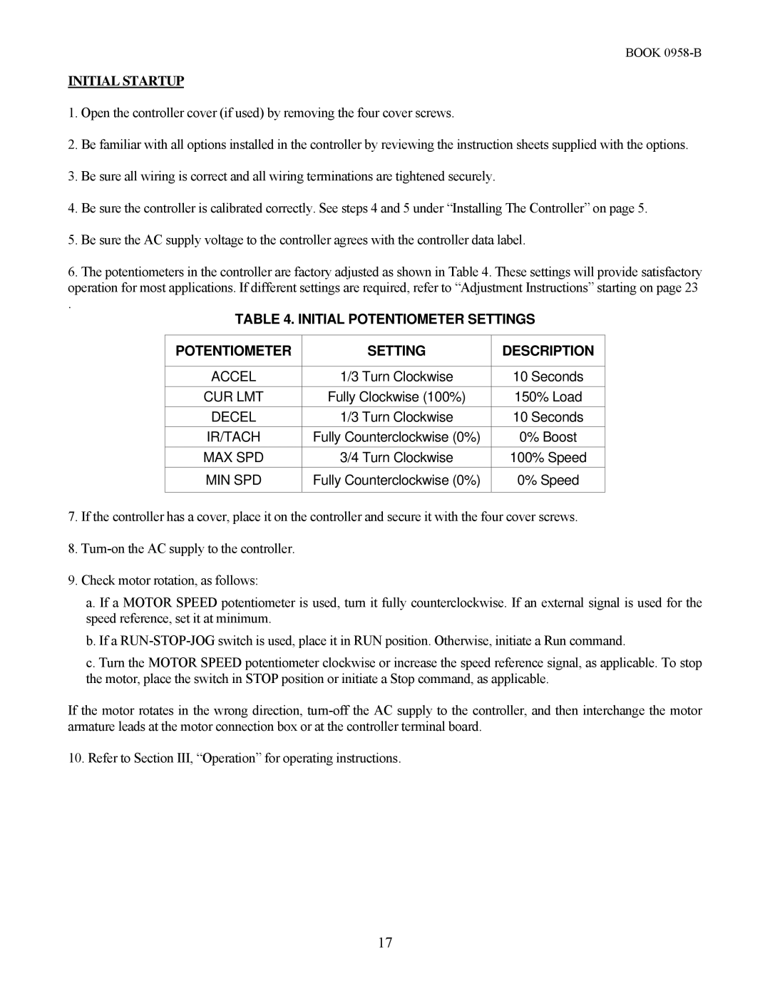 Emerson 2330MKII manual Initial Startup, Initial Potentiometer Settings Description 