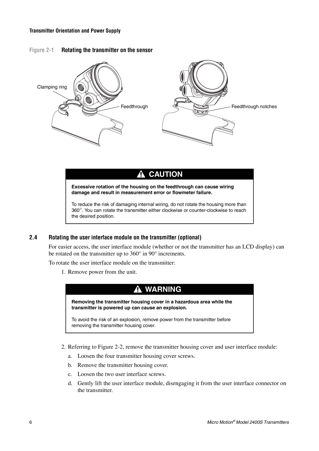 Emerson 2400S installation manual 1Rotating the transmitter on the sensor, Transmitter Orientation and Power Supply 