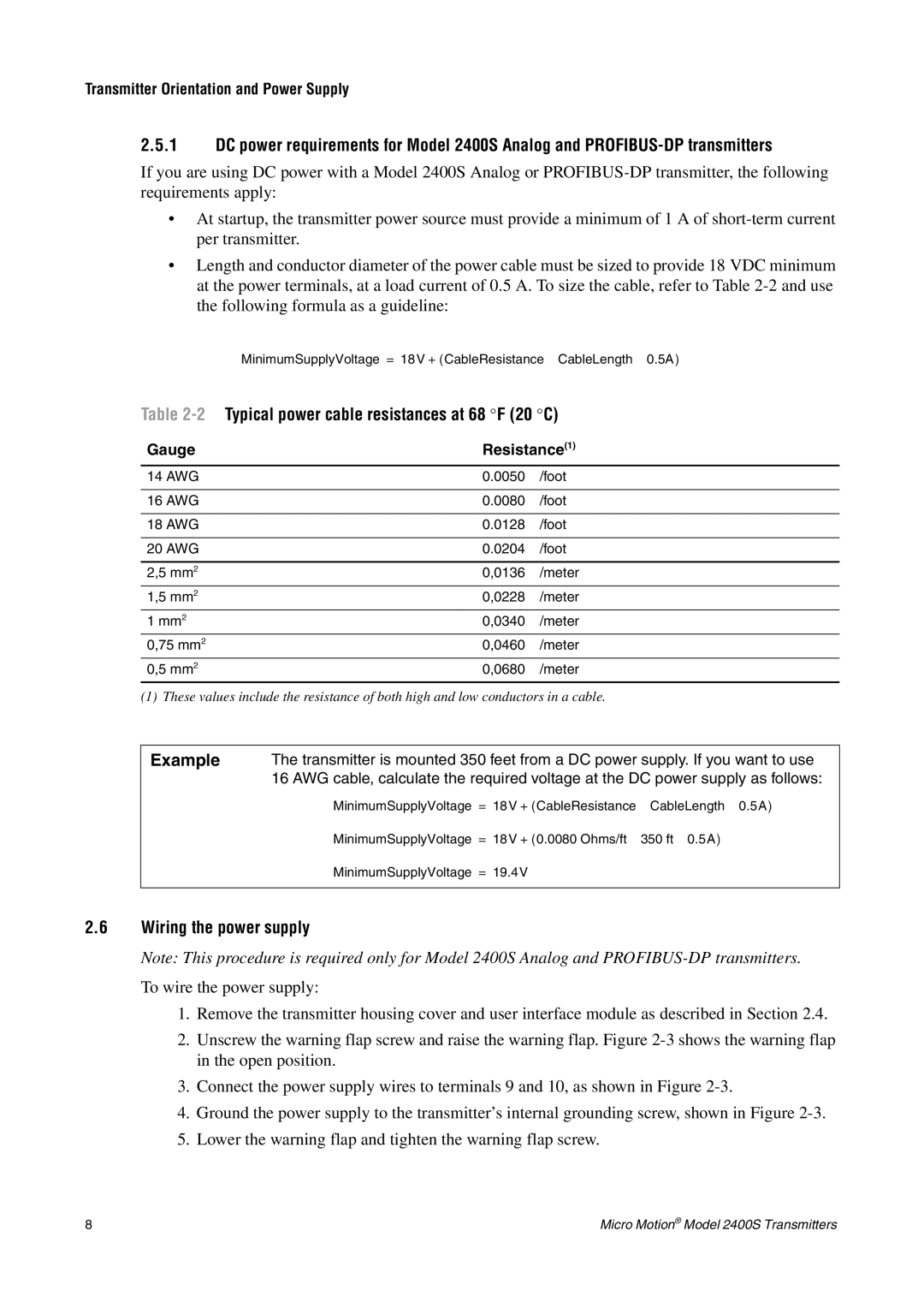 Emerson 2400S installation manual 2Typical power cable resistances at 68 F 20 C, Wiring the power supply, Gauge Resistance 