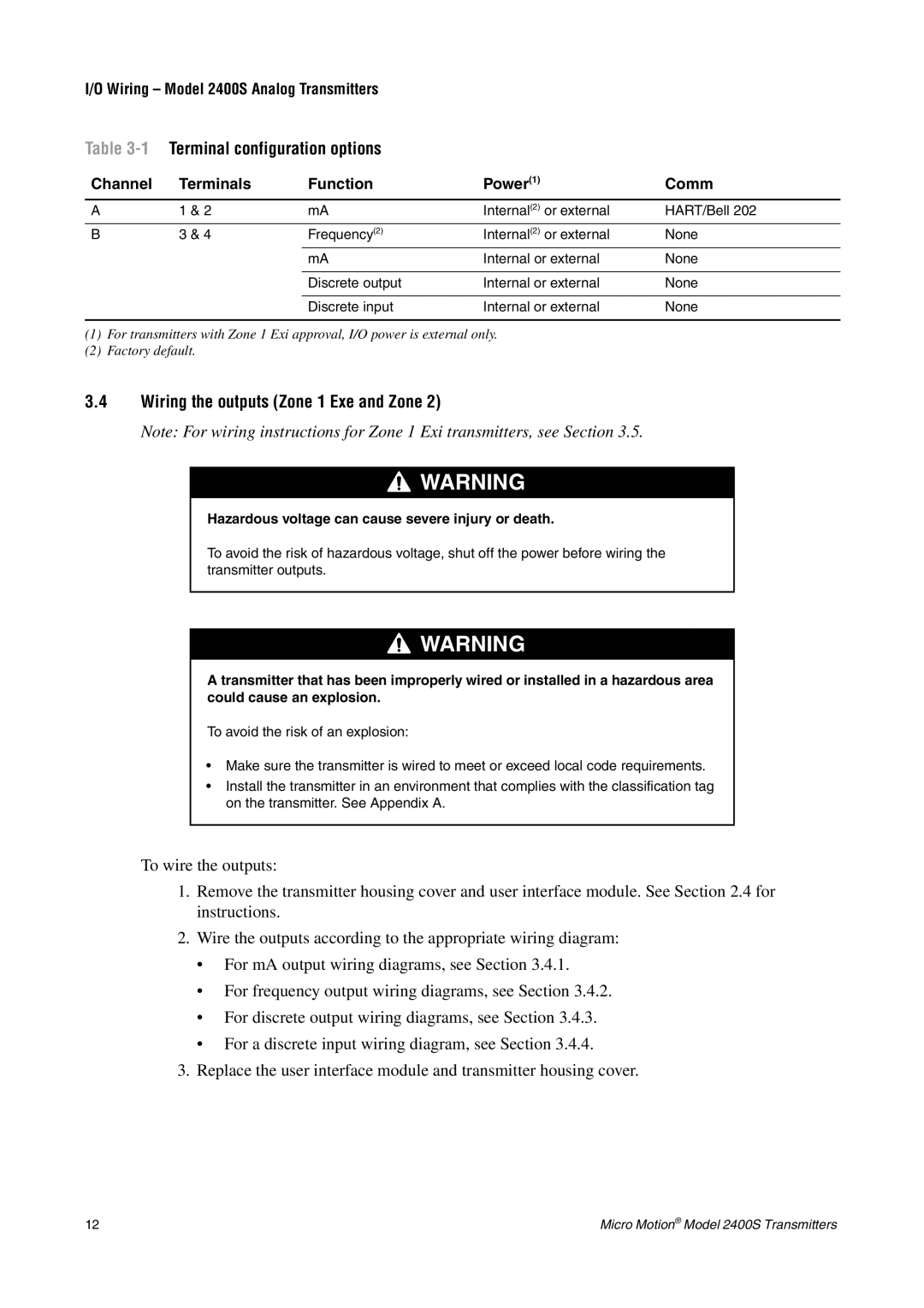 Emerson 2400S installation manual 1Terminal configuration options, Wiring the outputs Zone 1 Exe and Zone 