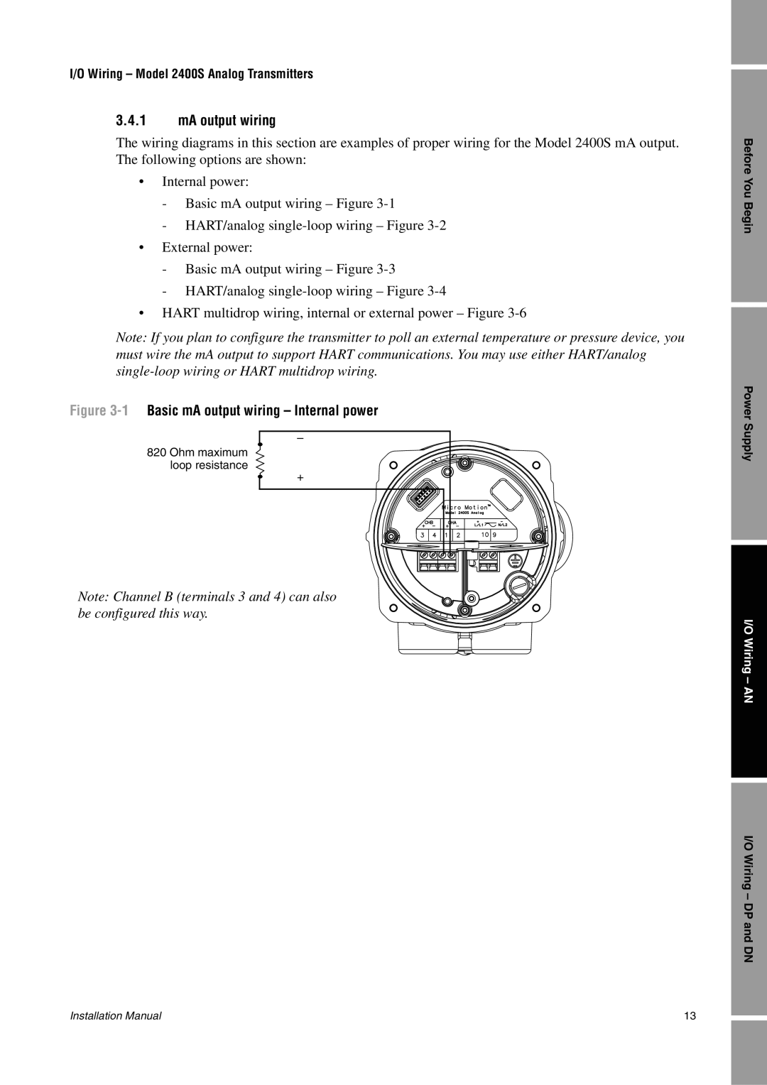 Emerson 2400S installation manual MA output wiring, 1Basic mA output wiring Internal power 