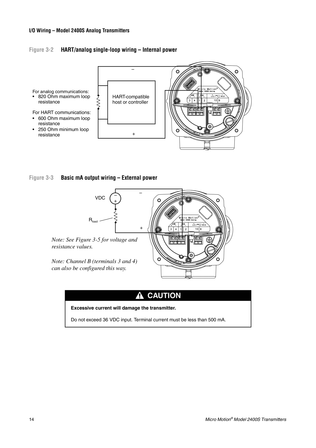 Emerson 2400S 2HART/analog single-loop wiring Internal power, Excessive current will damage the transmitter 