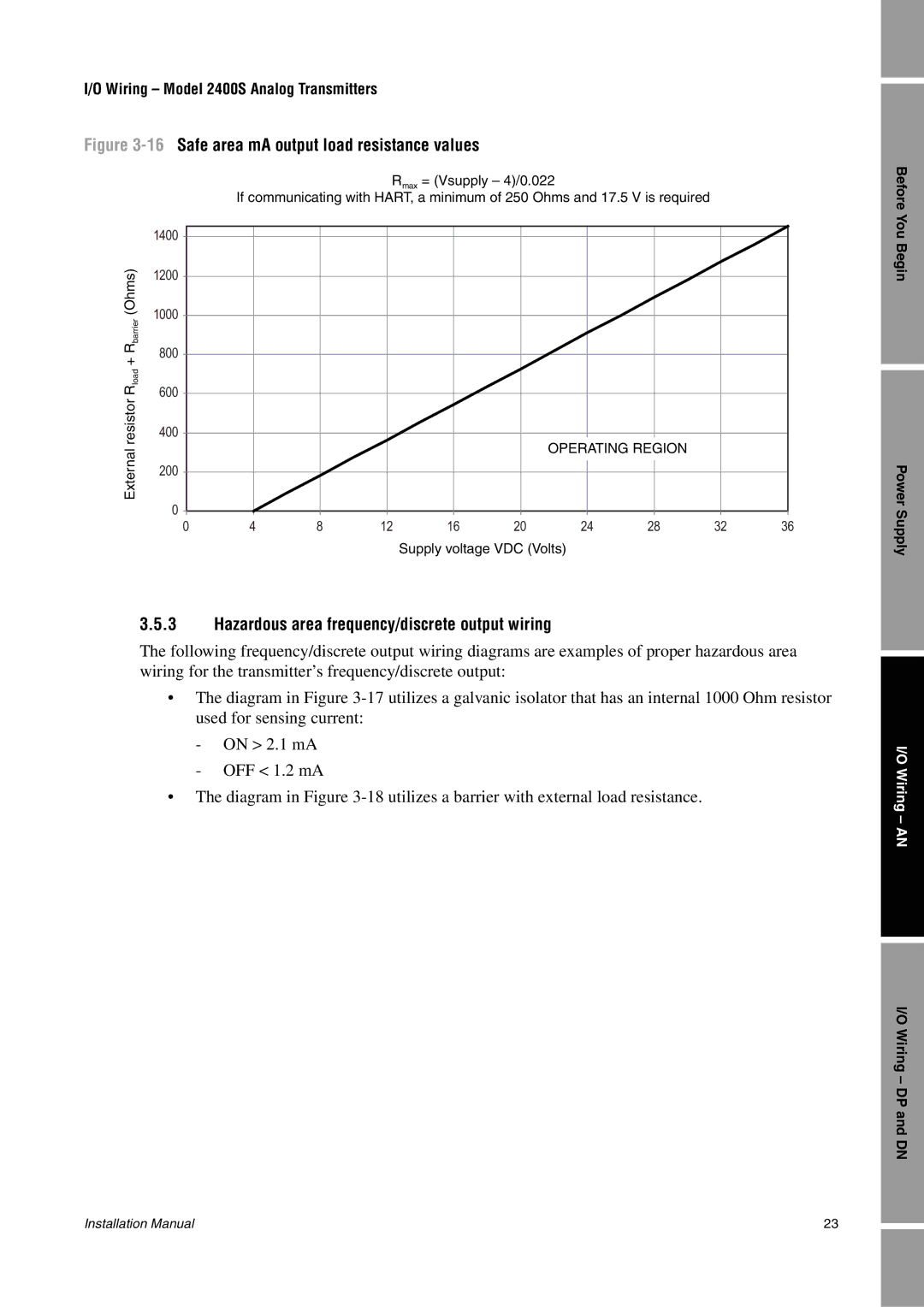 Emerson 2400S 16Safe area mA output load resistance values, Hazardous area frequency/discrete output wiring 