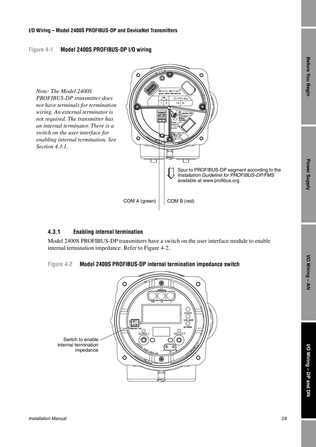 Emerson installation manual 1Model 2400S PROFIBUS-DP I/O wiring, Enabling internal termination 