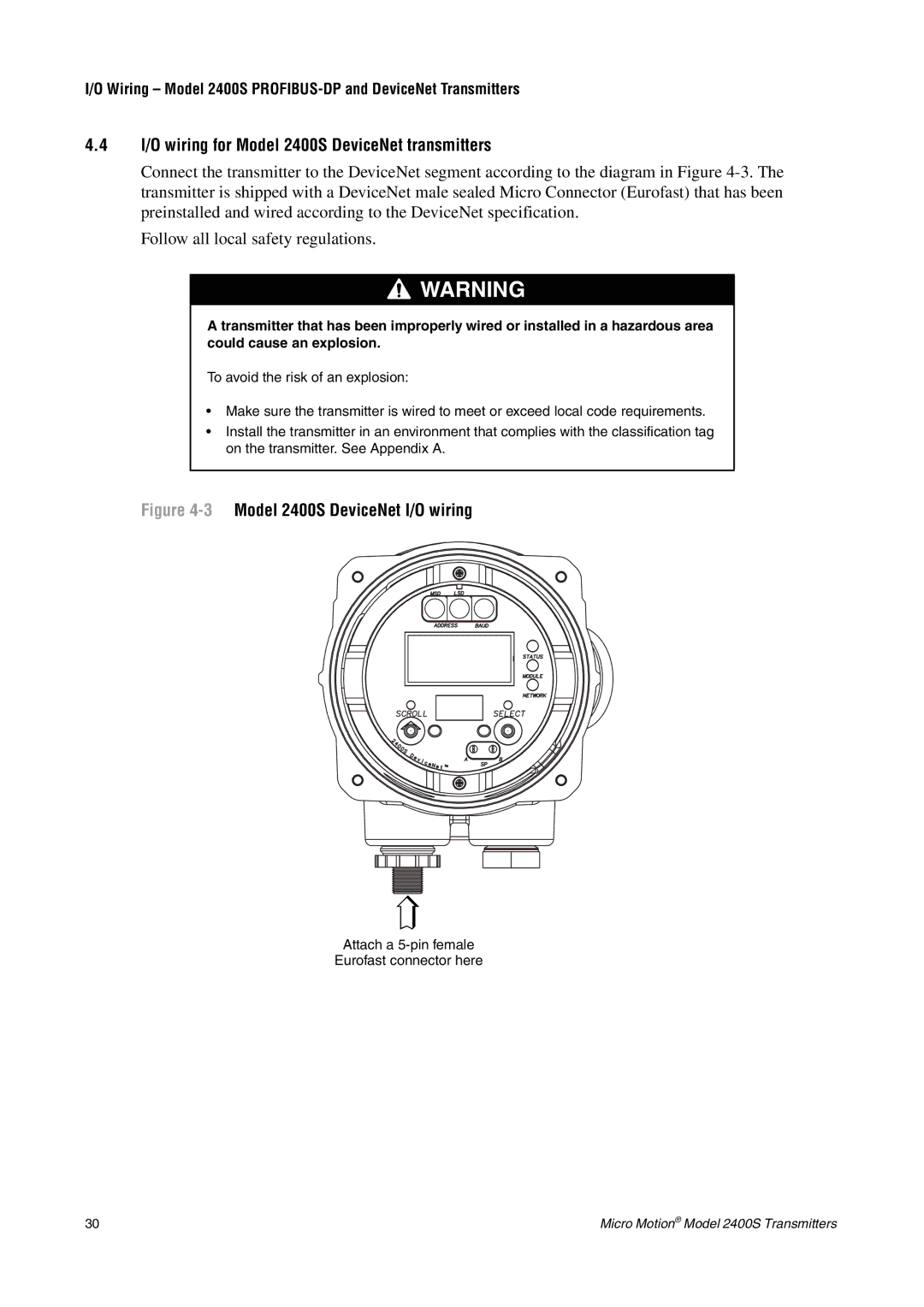 Emerson installation manual I/O wiring for Model 2400S DeviceNet transmitters, 3Model 2400S DeviceNet I/O wiring 