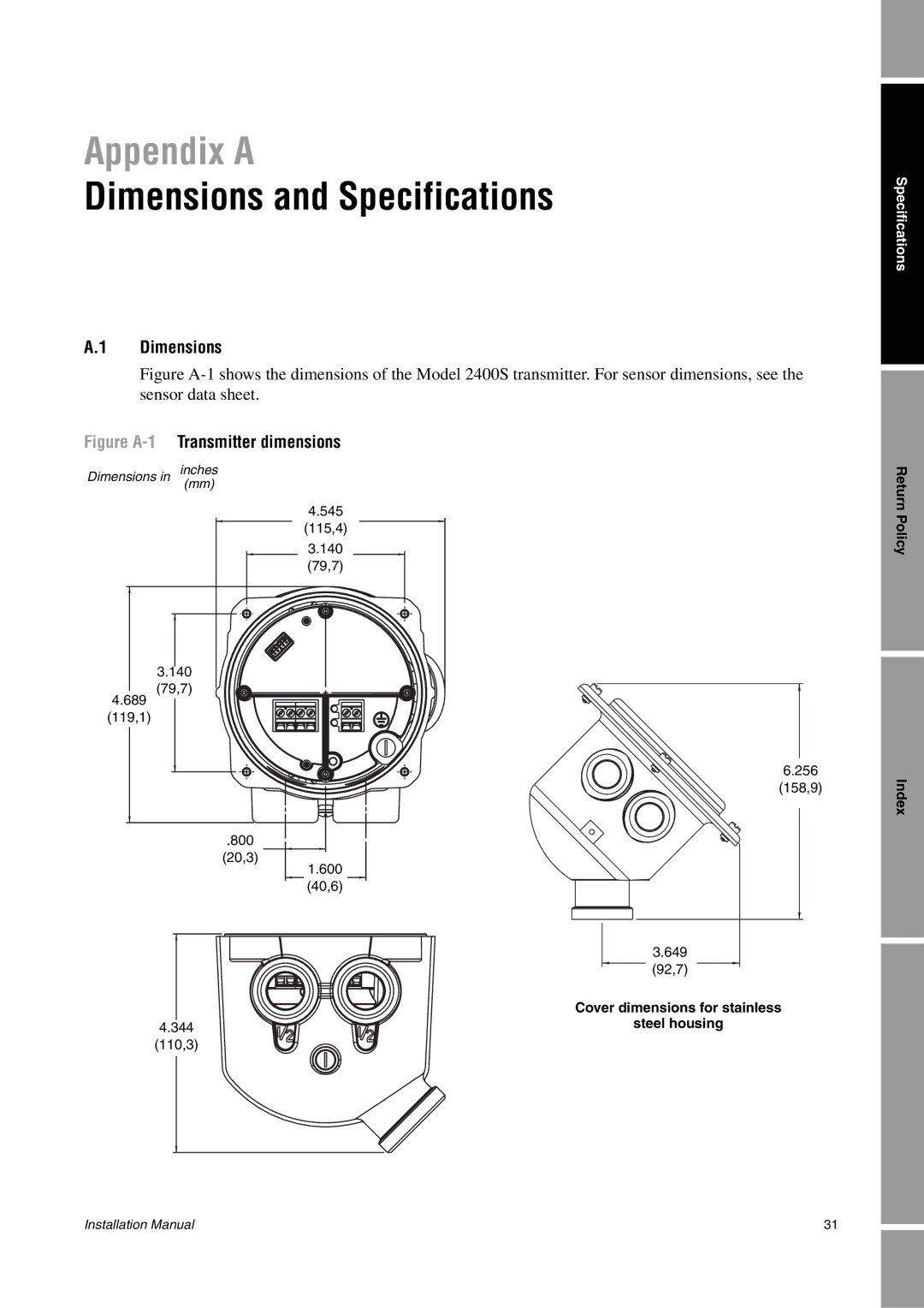 Emerson 2400S Dimensions and Specifications, Policy Index, Cover dimensions for stainless 344steel housing 