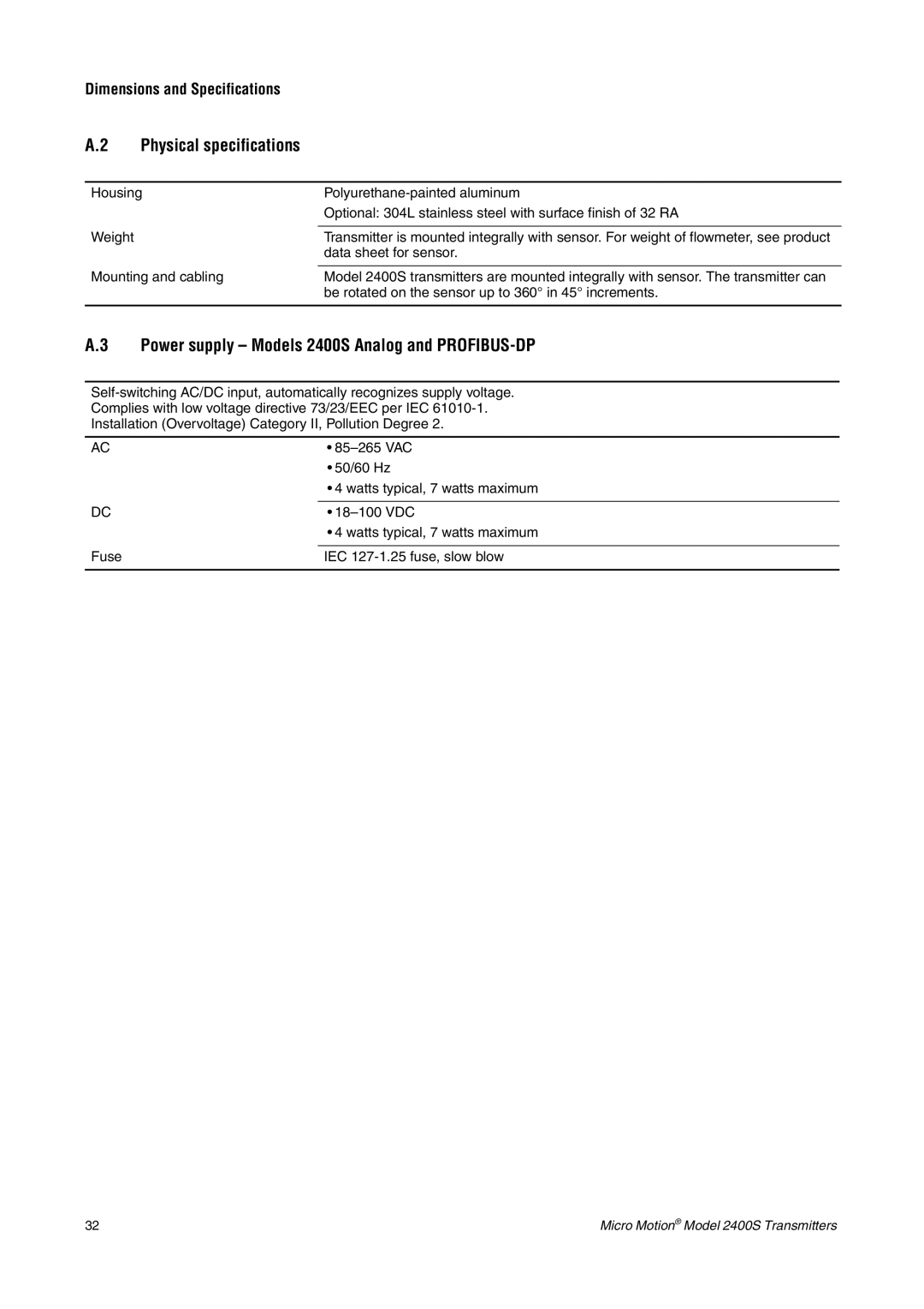 Emerson Power supply Models 2400S Analog and PROFIBUS-DP, Dimensions and Specifications Physical specifications 