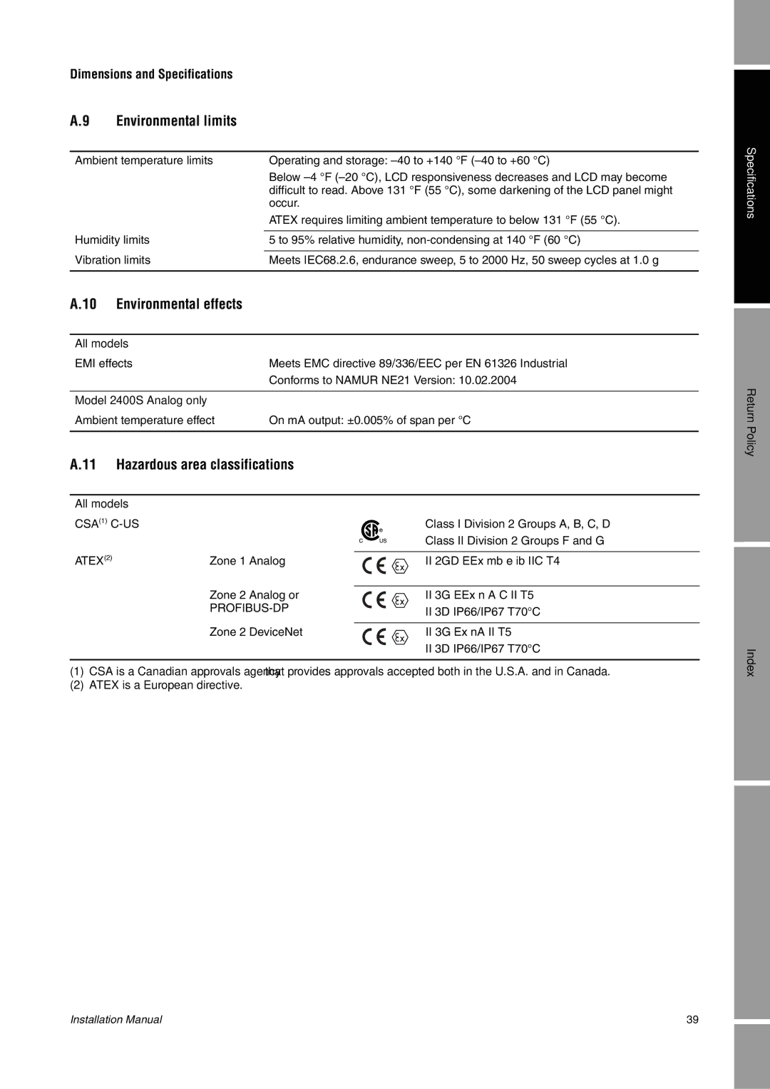 Emerson 2400S installation manual Environmental limits, Environmental effects, Hazardous area classifications, All models 