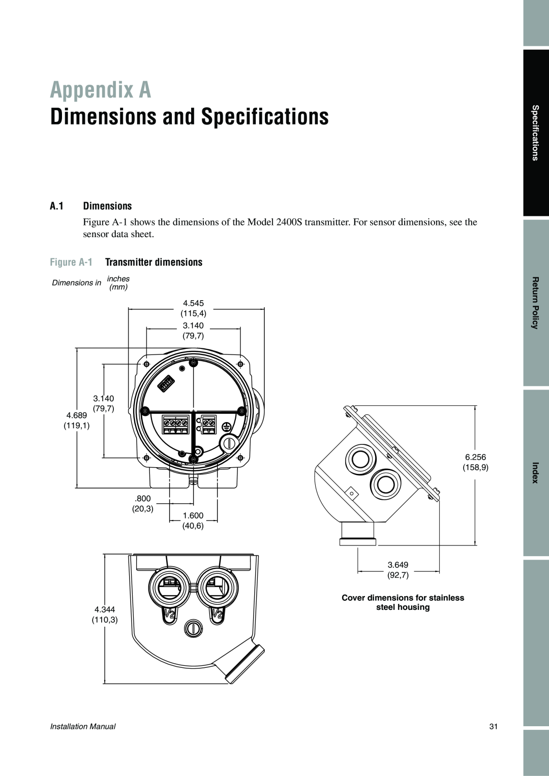 Emerson 2400S Appendix A, Dimensions and Specifications, A.1 Dimensions, Figure A-1 Transmitter dimensions, Policy Index 
