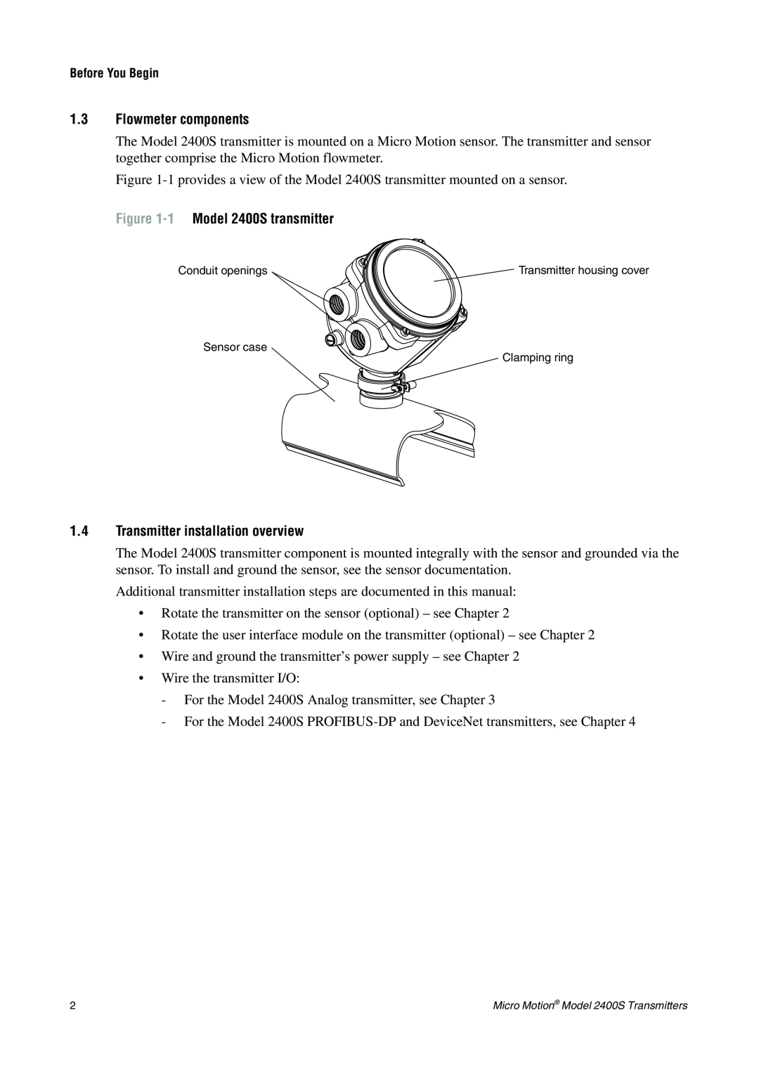 Emerson installation manual 1.3Flowmeter components, 1 Model 2400S transmitter, 1.4Transmitter installation overview 