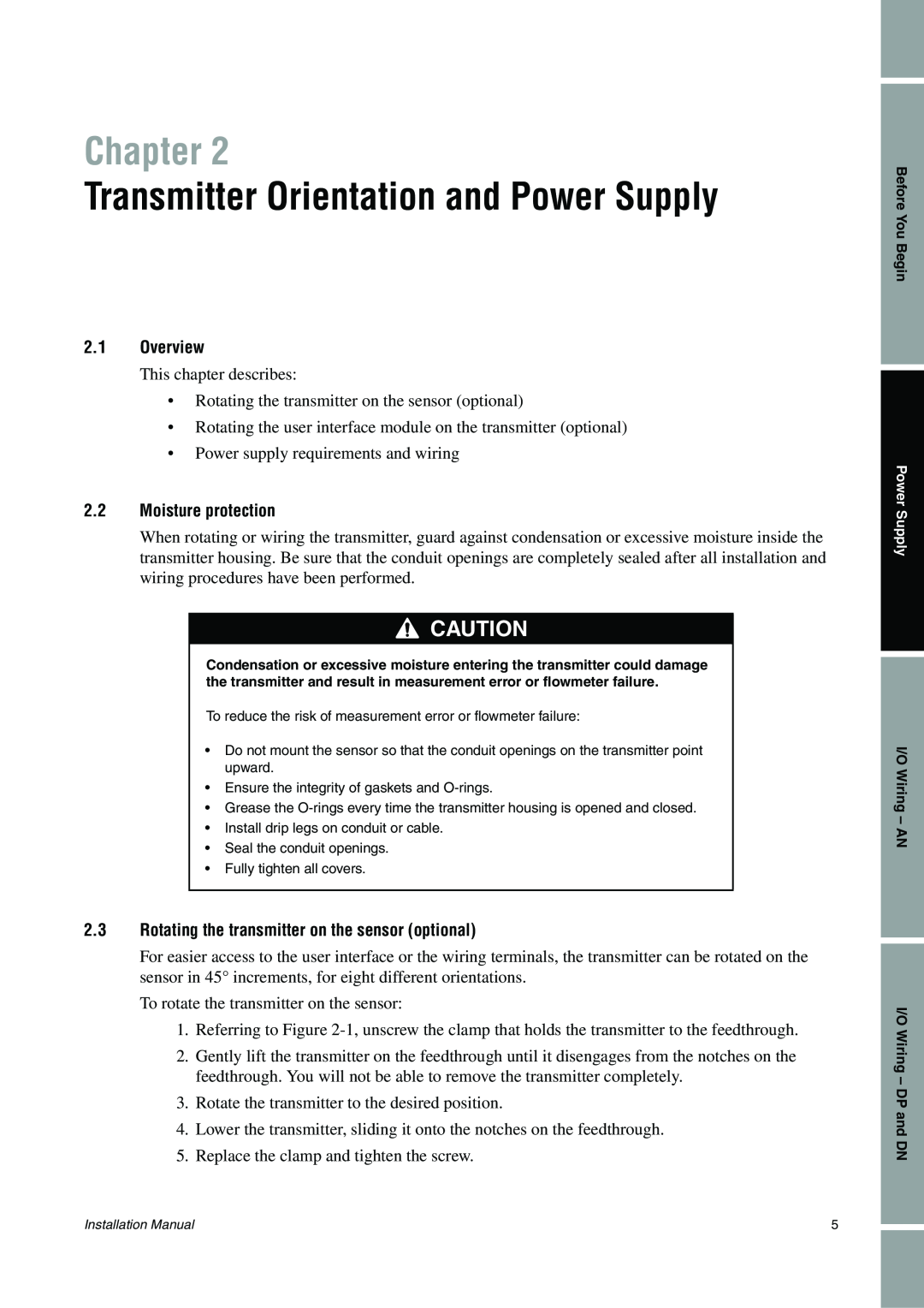 Emerson 2400S installation manual Transmitter Orientation and Power Supply, Chapter, 2.1Overview, 2.2Moisture protection 