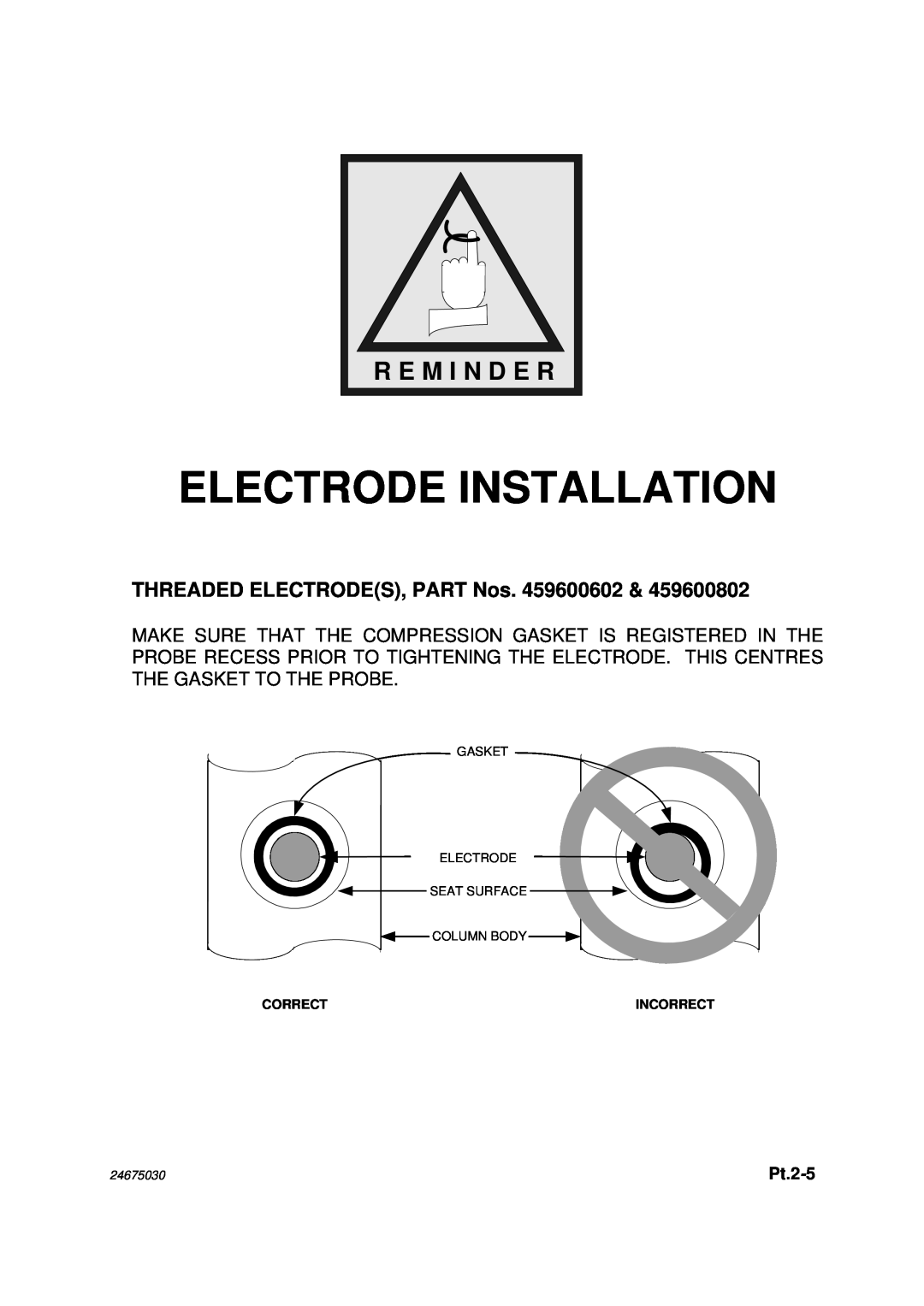 Emerson 2468CD, 2468CB manual R E M I N D E R, Electrode Installation, Correct, Incorrect, 24675030 