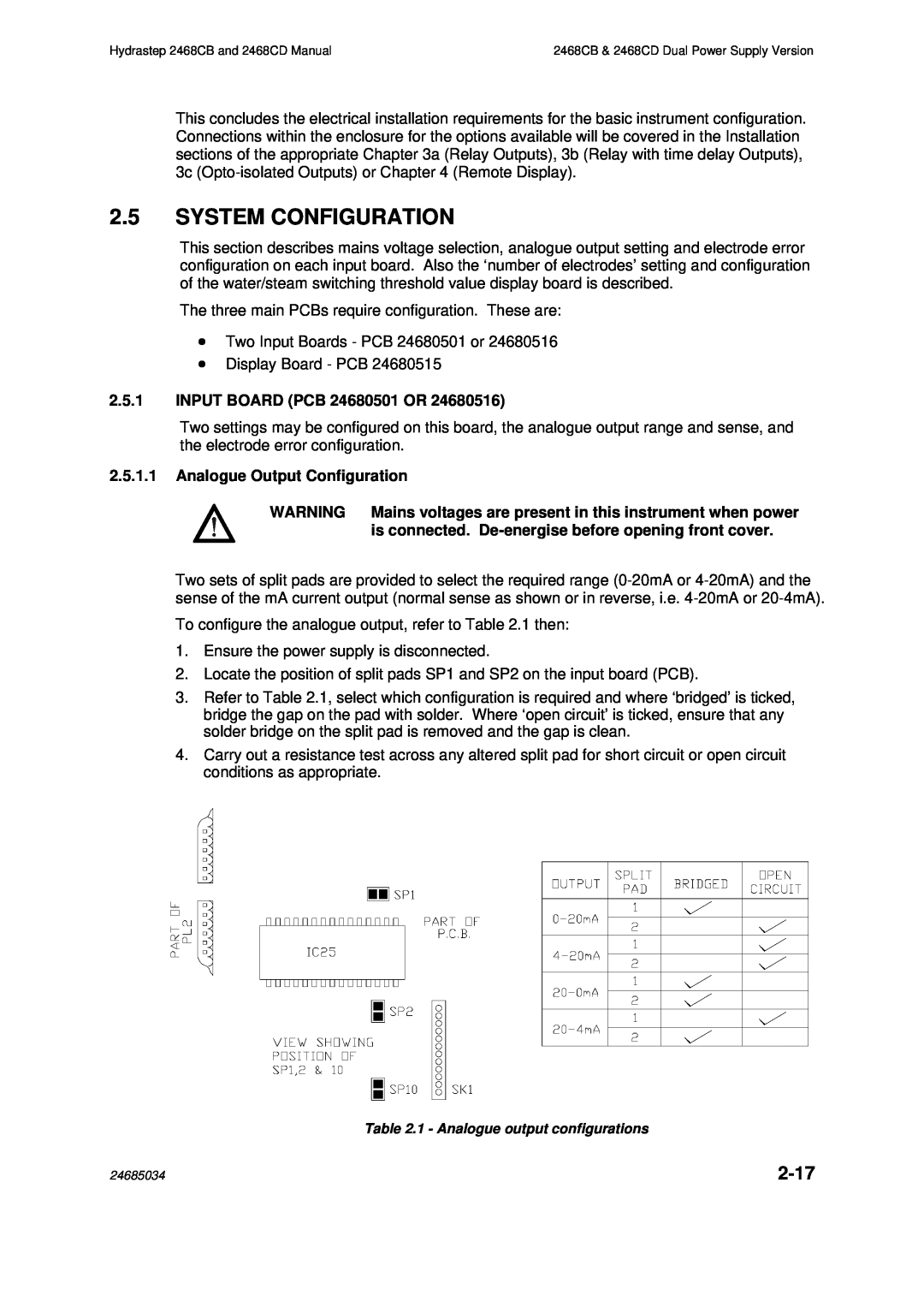 Emerson 2468CD manual 2.5SYSTEM CONFIGURATION, 2-17, 2.5.1INPUT BOARD PCB 24680501 OR, 2.5.1.1Analogue Output Configuration 