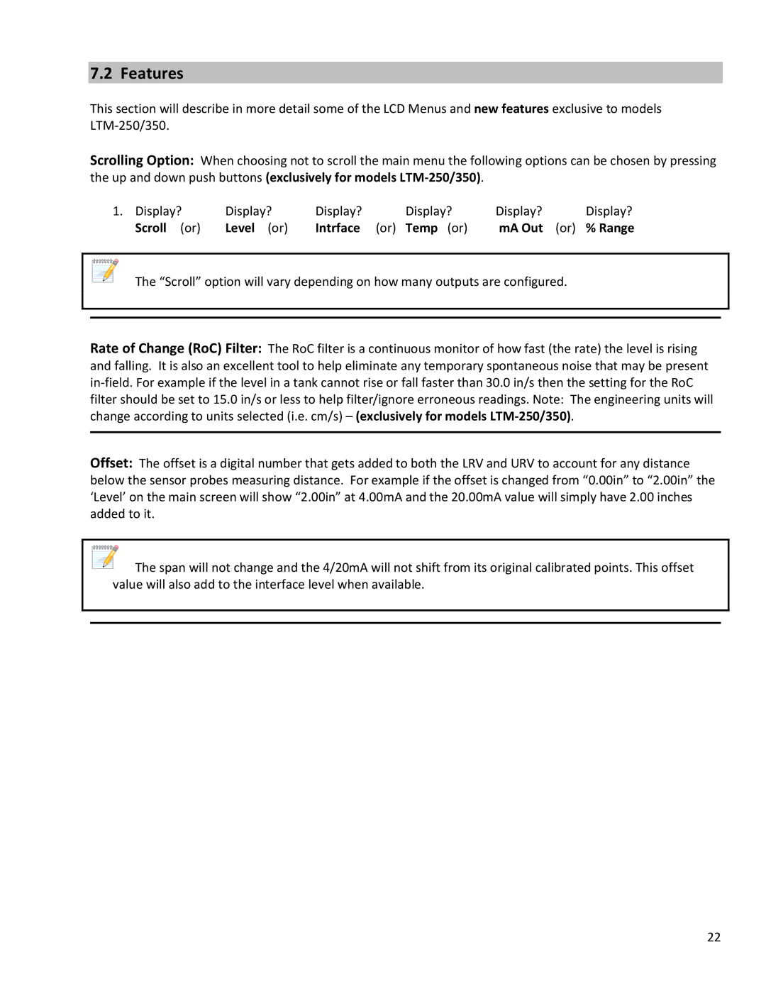 Emerson 350, 250 operation manual Features, Scroll or Level or Intrface, MA Out Or % Range 