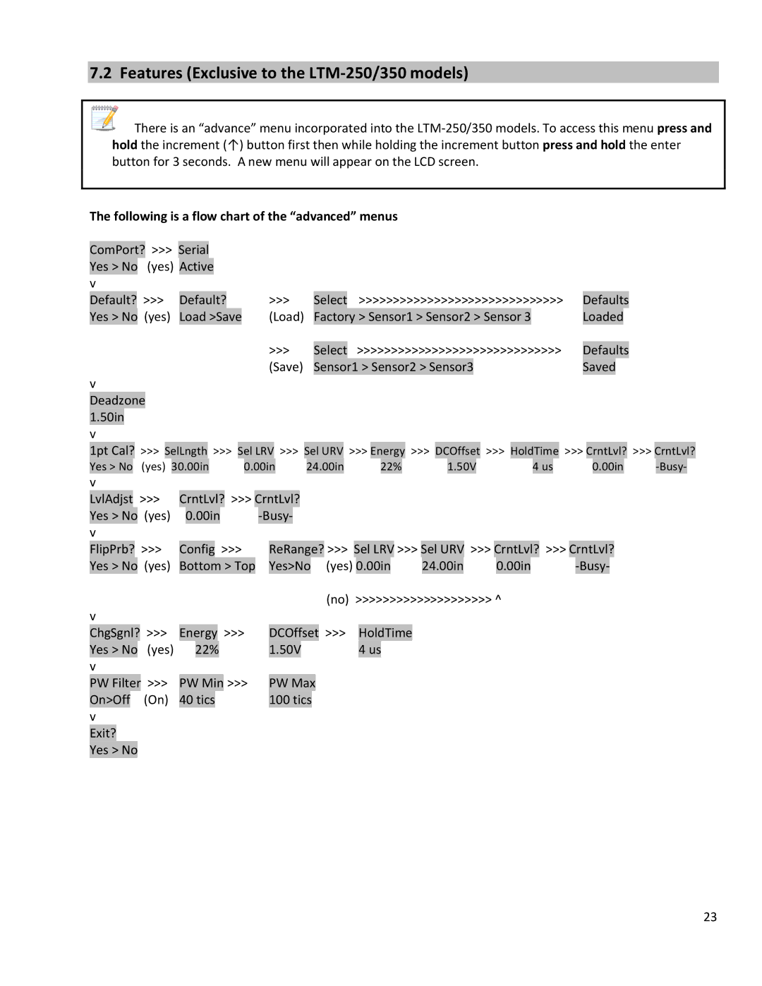 Emerson operation manual Features Exclusive to the LTM-250/350 models, Following is a flow chart of the advanced menus 