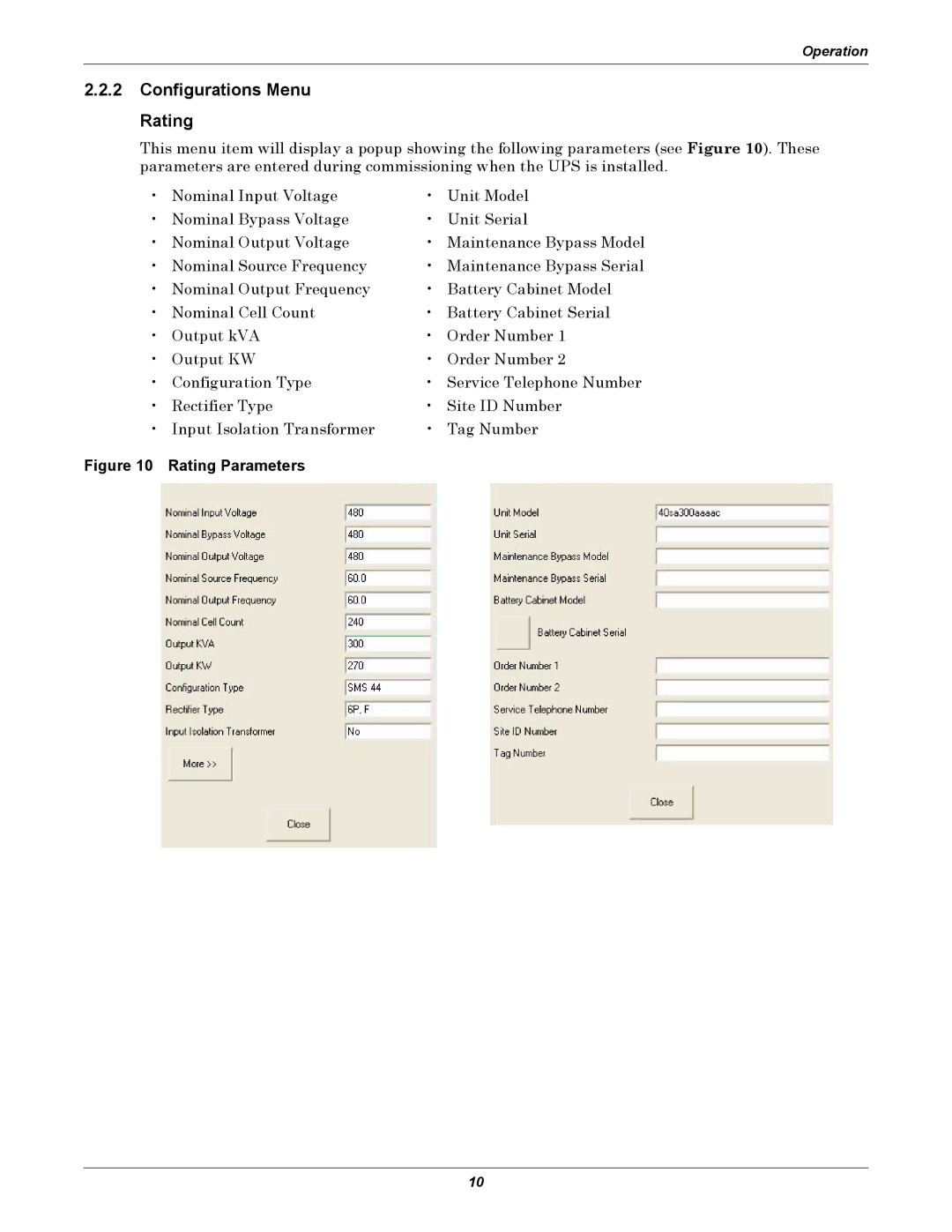 Emerson 250-400kVA manual Configurations Menu Rating, Rating Parameters 