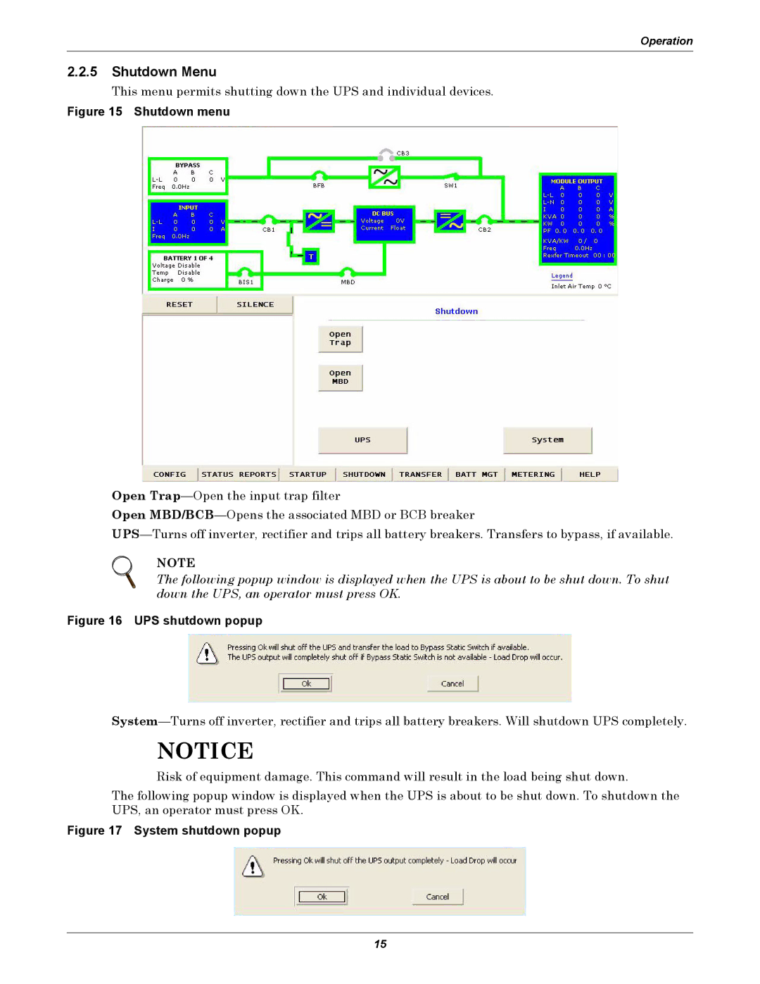 Emerson 250-400kVA manual Shutdown Menu, Shutdown menu 