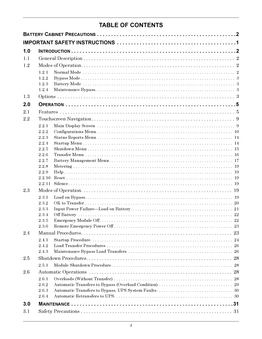 Emerson 250-400kVA manual Table of Contents 