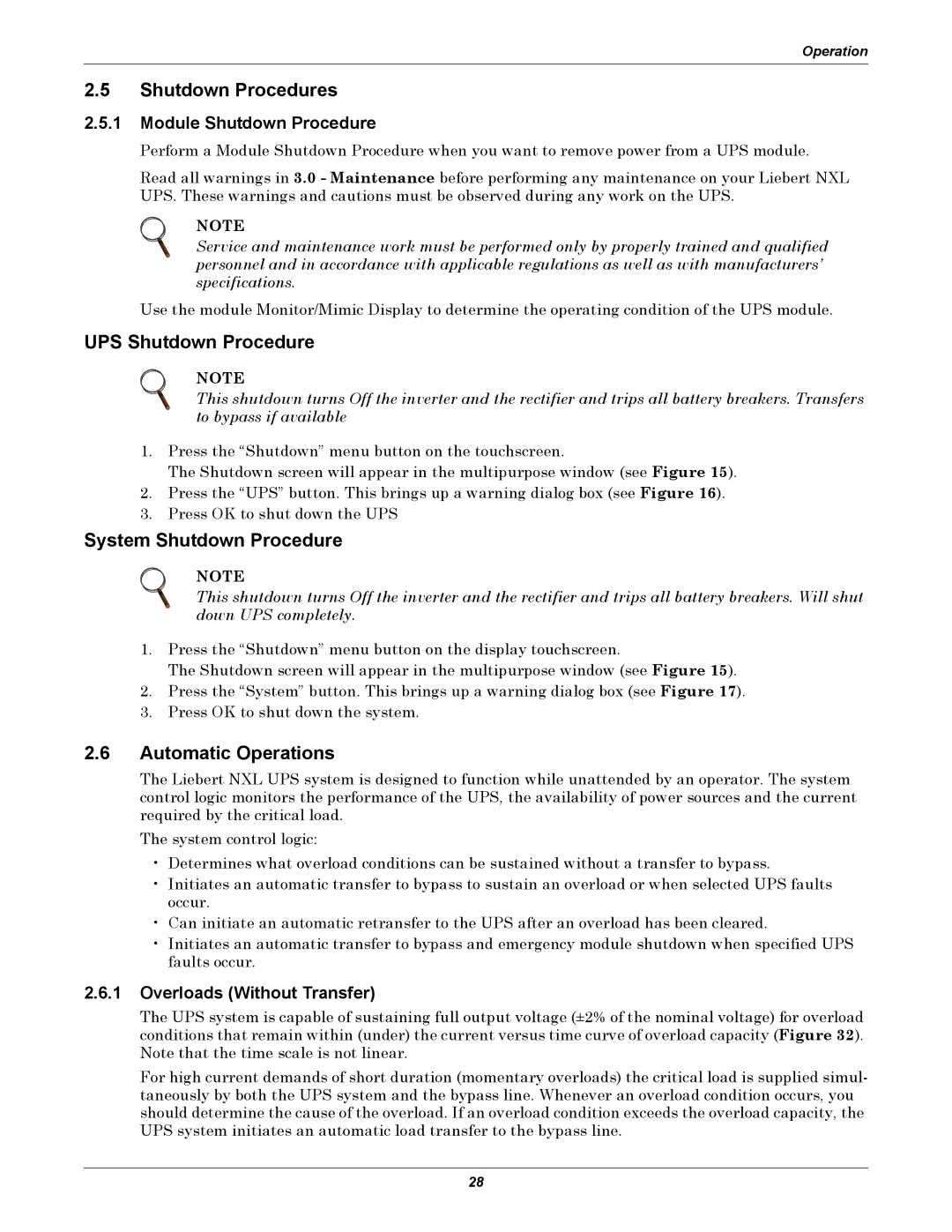 Emerson 250-400kVA manual Shutdown Procedures, UPS Shutdown Procedure, System Shutdown Procedure, Automatic Operations 