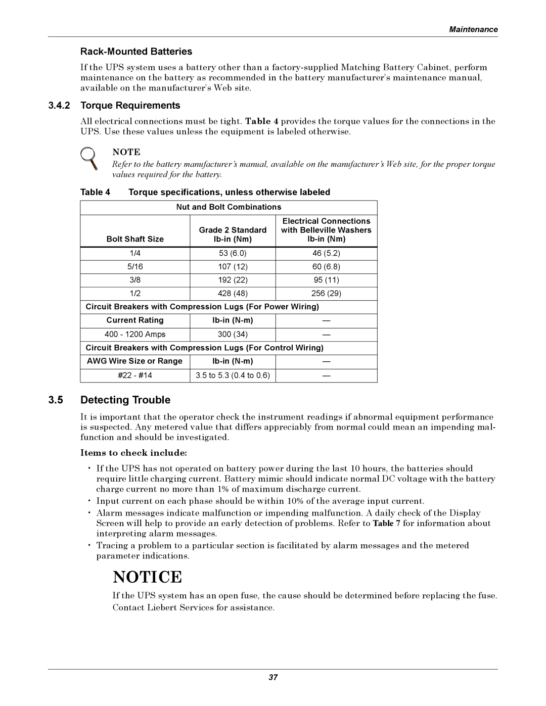 Emerson 250-400kVA manual Detecting Trouble, Rack-Mounted Batteries, Torque Requirements 