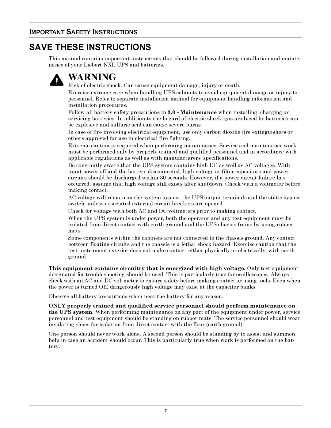 Emerson 250-400kVA manual Important Safety Instructions 