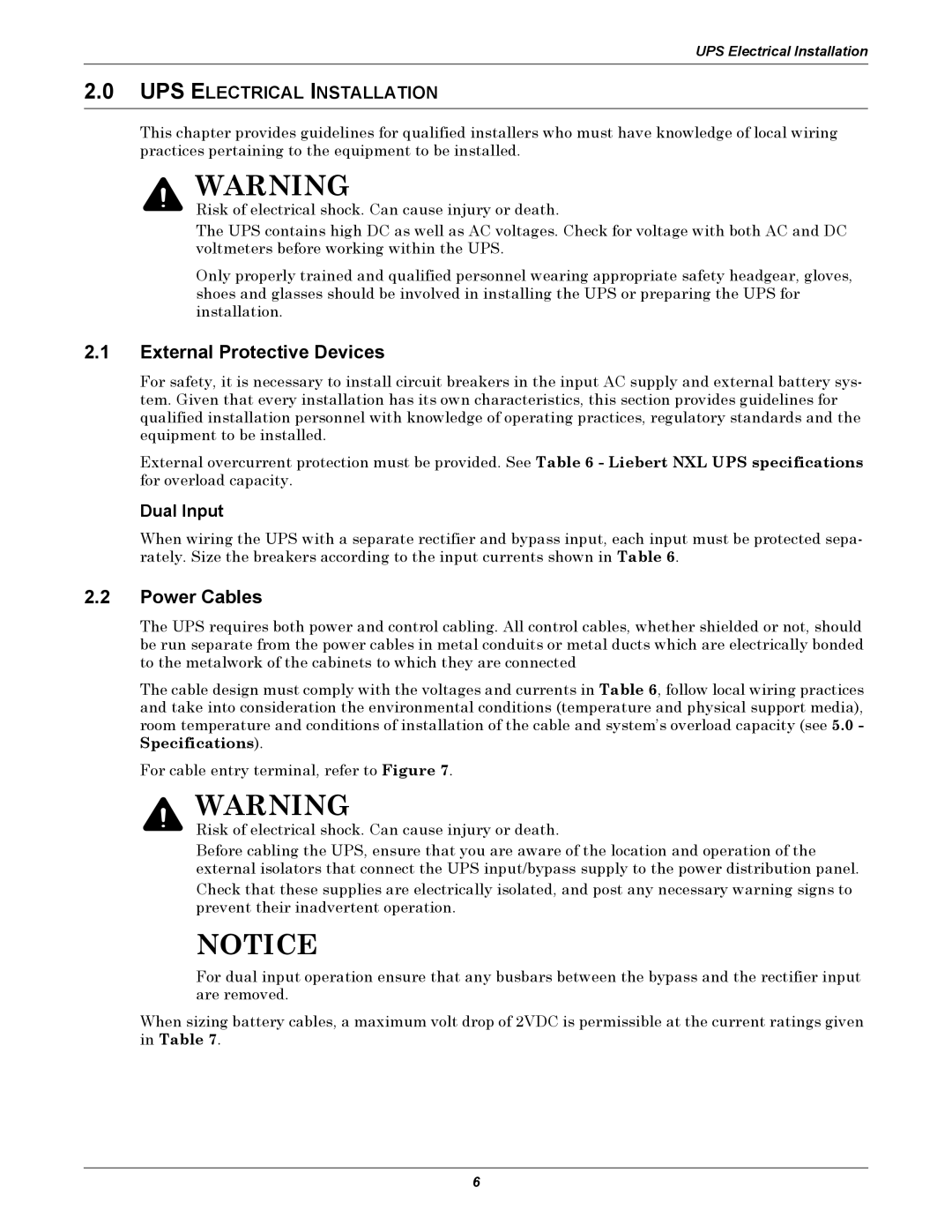 Emerson 250 installation manual External Protective Devices, Power Cables, UPS Electrical Installation, Dual Input 