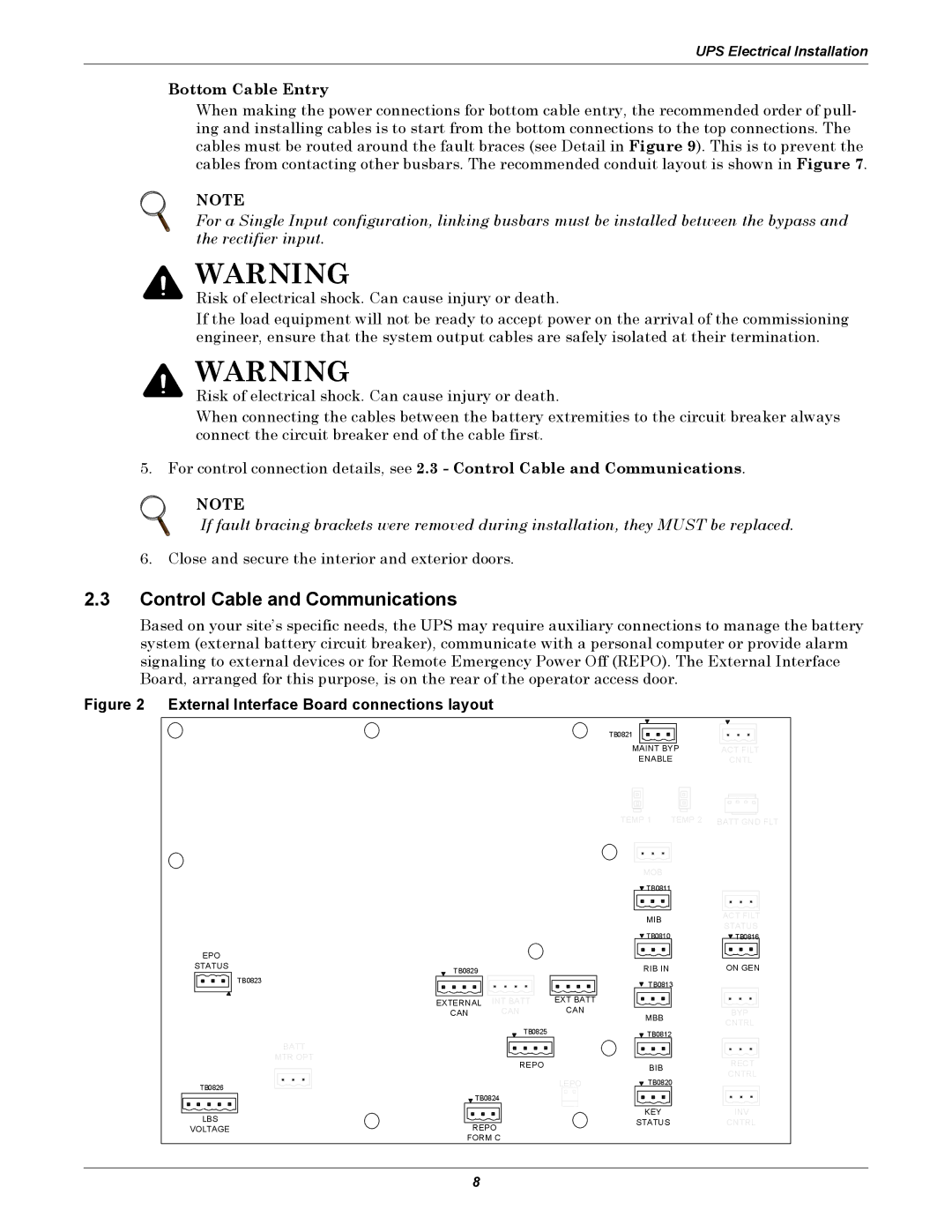 Emerson 250 installation manual Control Cable and Communications, External Interface Board connections layout 