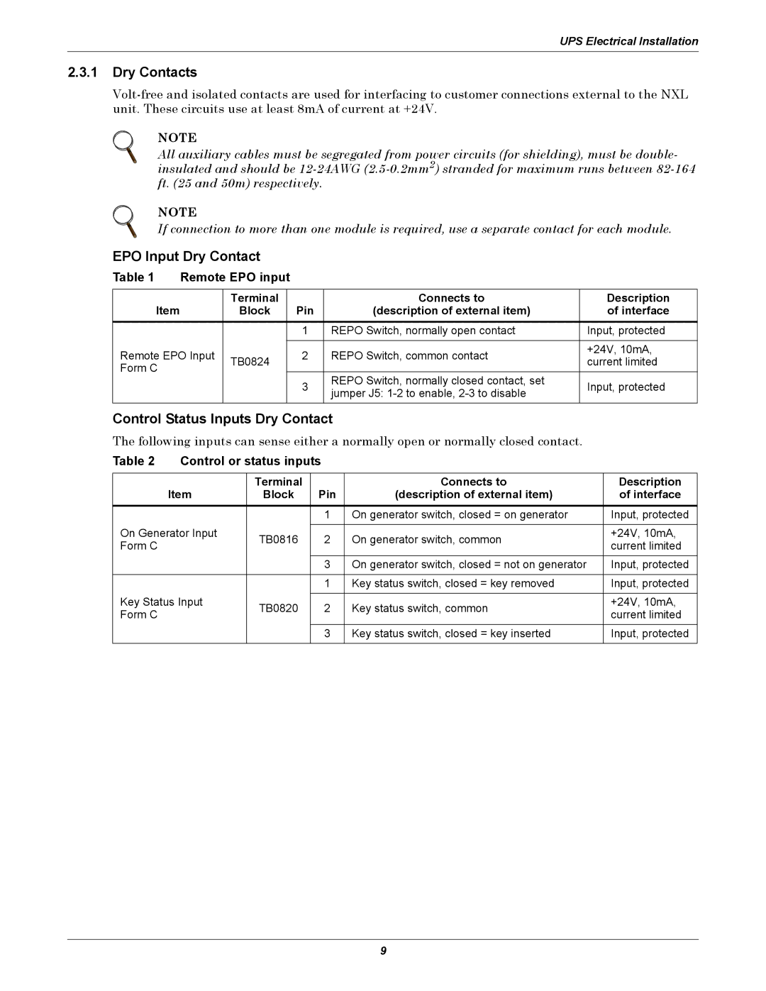 Emerson 250 installation manual Dry Contacts, EPO Input Dry Contact, Control Status Inputs Dry Contact, Remote EPO input 