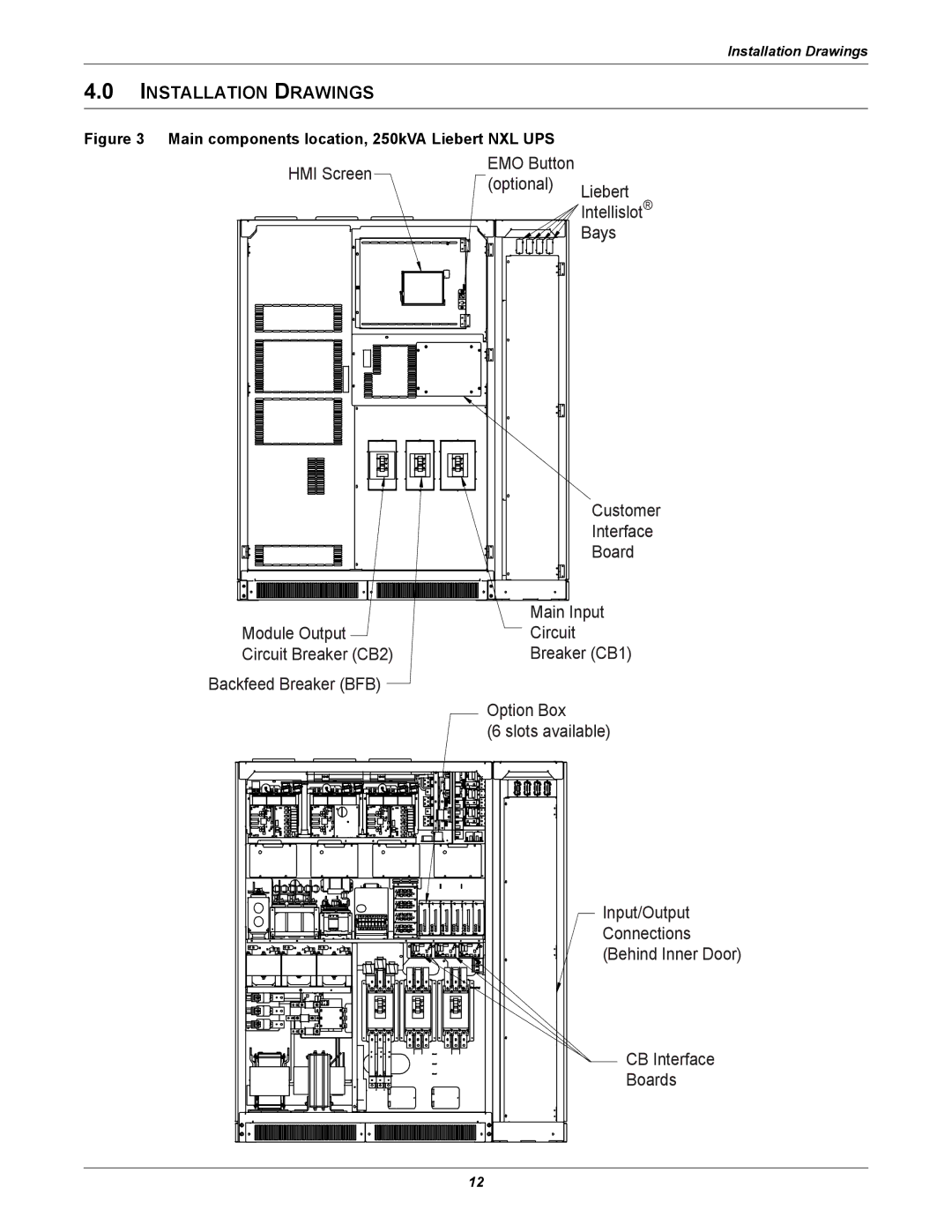 Emerson installation manual Installation Drawings, Main components location, 250kVA Liebert NXL UPS 