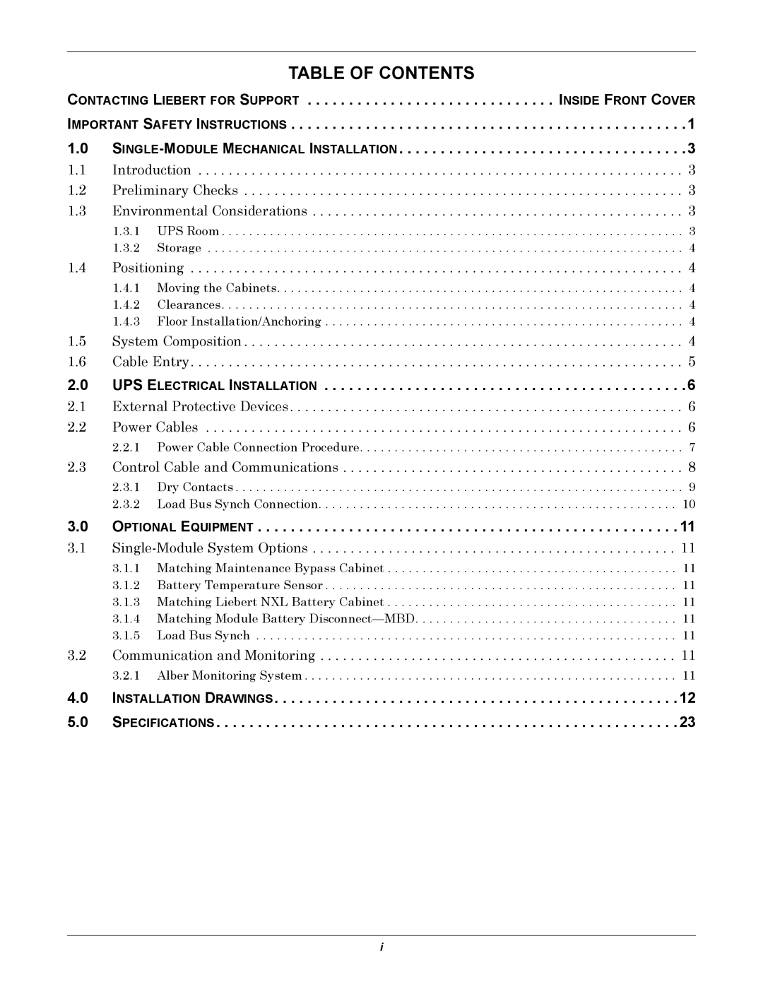 Emerson 250 installation manual Table of Contents 