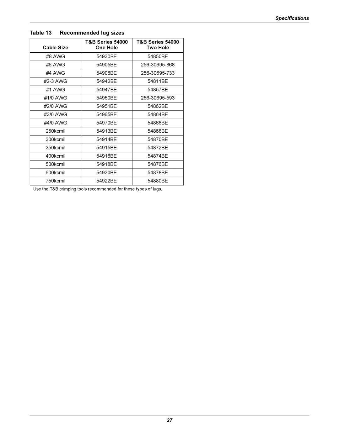 Emerson 250 installation manual Recommended lug sizes, Series Cable Size One Hole Two Hole 