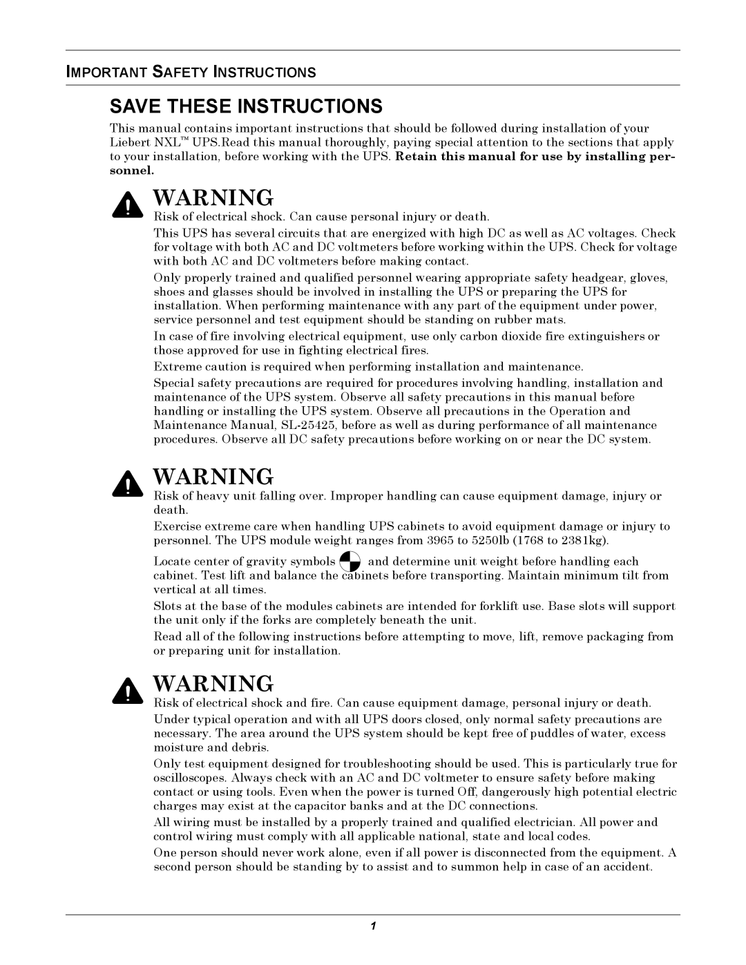 Emerson 250 installation manual Important Safety Instructions 