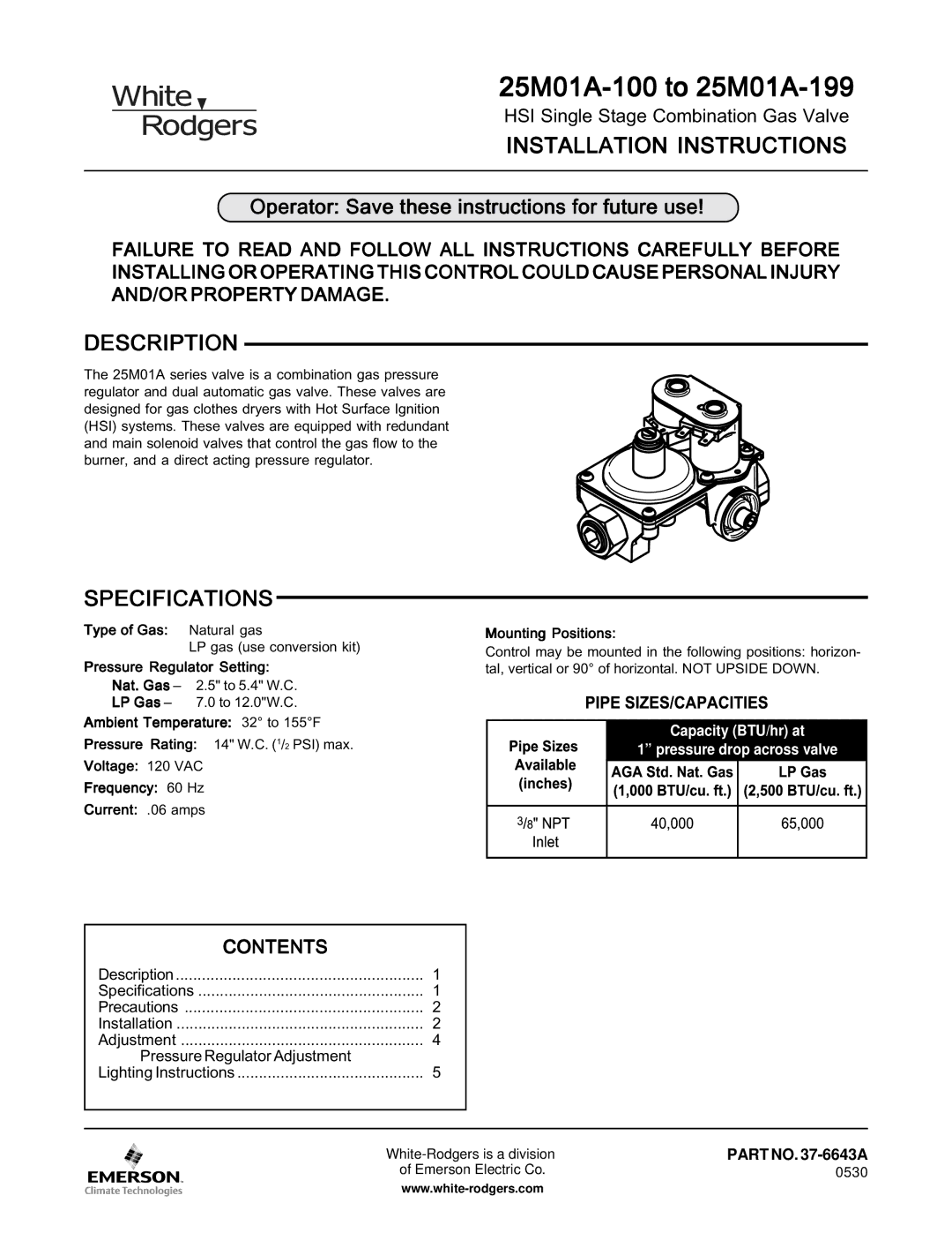 Emerson 25M01A-100 to 25M01A-199 specifications Installation Instructions, Description, Specifications 