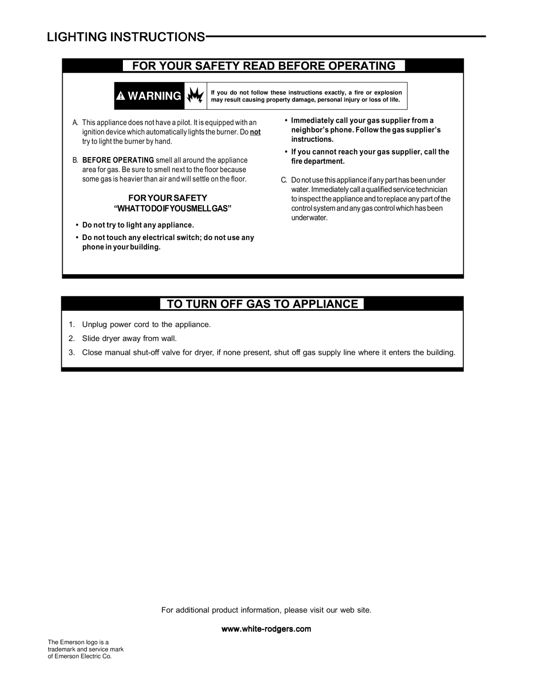 Emerson 25M01A-100 to 25M01A-199 specifications Lighting Instructions, For Your Safety Whattodoifyousmellgas 