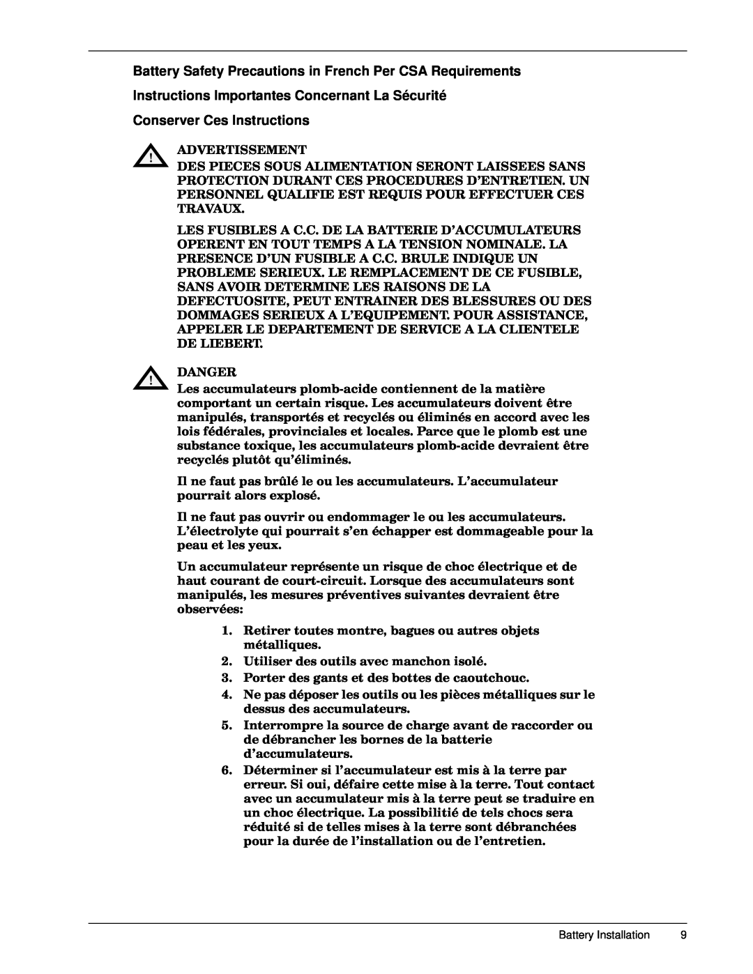Emerson 30-130 kVA Battery Safety Precautions in French Per CSA Requirements, Conserver Ces Instructions, $957,66017, $1*5 