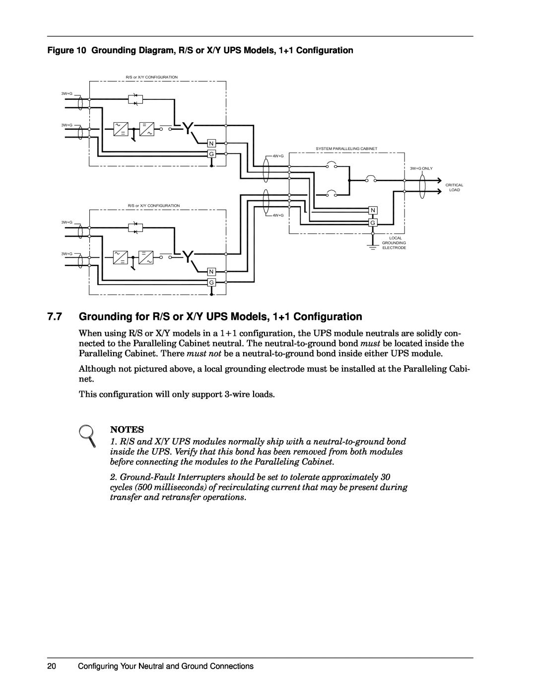 Emerson 30-130 kVA Grounding Diagram, R/S or X/Y UPS Models, 1+1 Configuration, 7KLVFRQILJXUDWLRQZLOORQO\VXSSRUWZLUHORDGV 