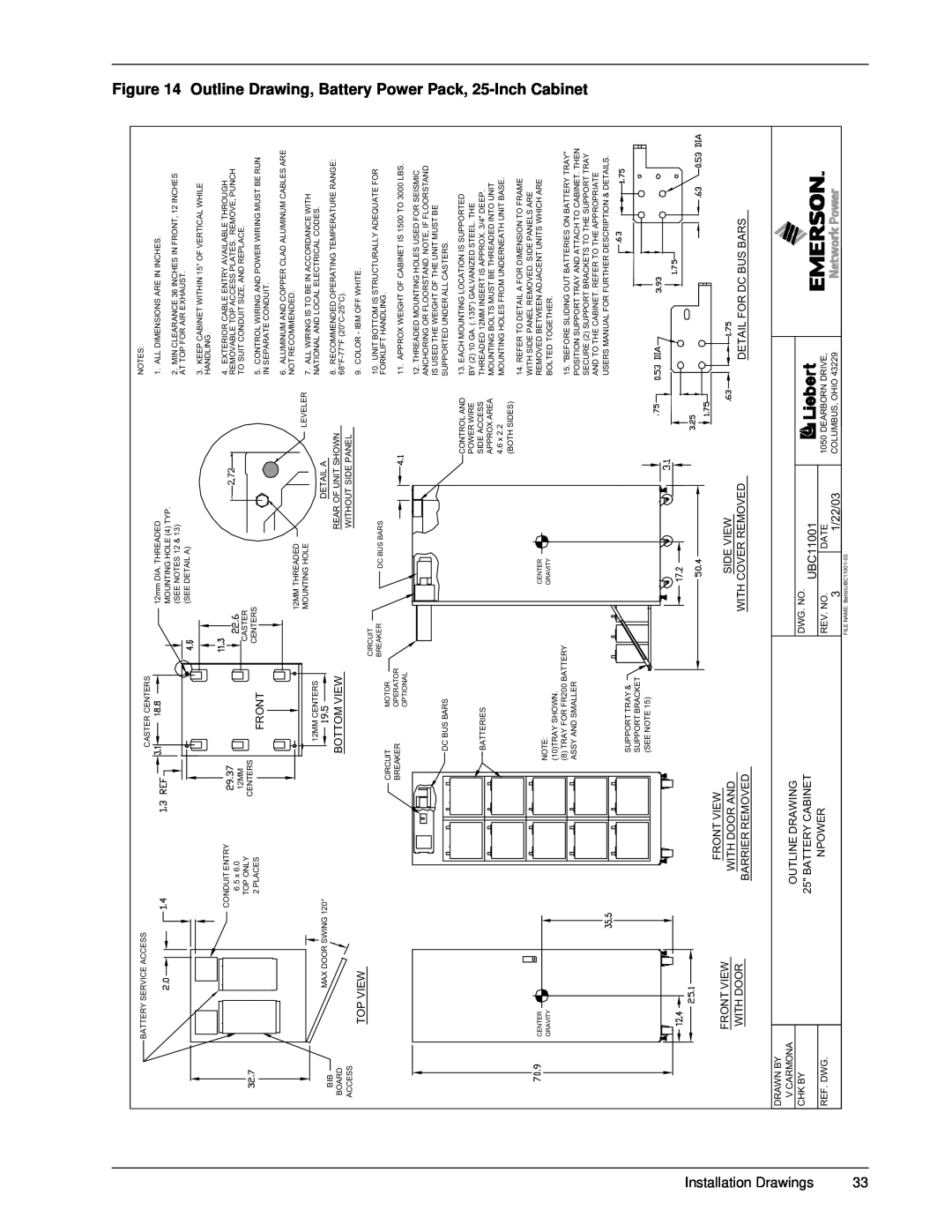 Emerson 30-130 kVA installation manual Battery Power Pack, 25-Inch Cabinet, Outline Drawing, 1/22/03 