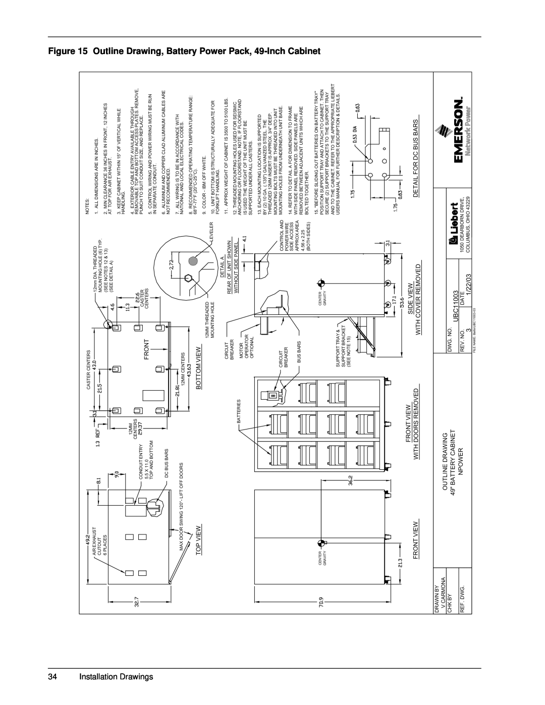 Emerson 30-130 kVA installation manual Outline Drawing, Installation Drawings, Battery Power 