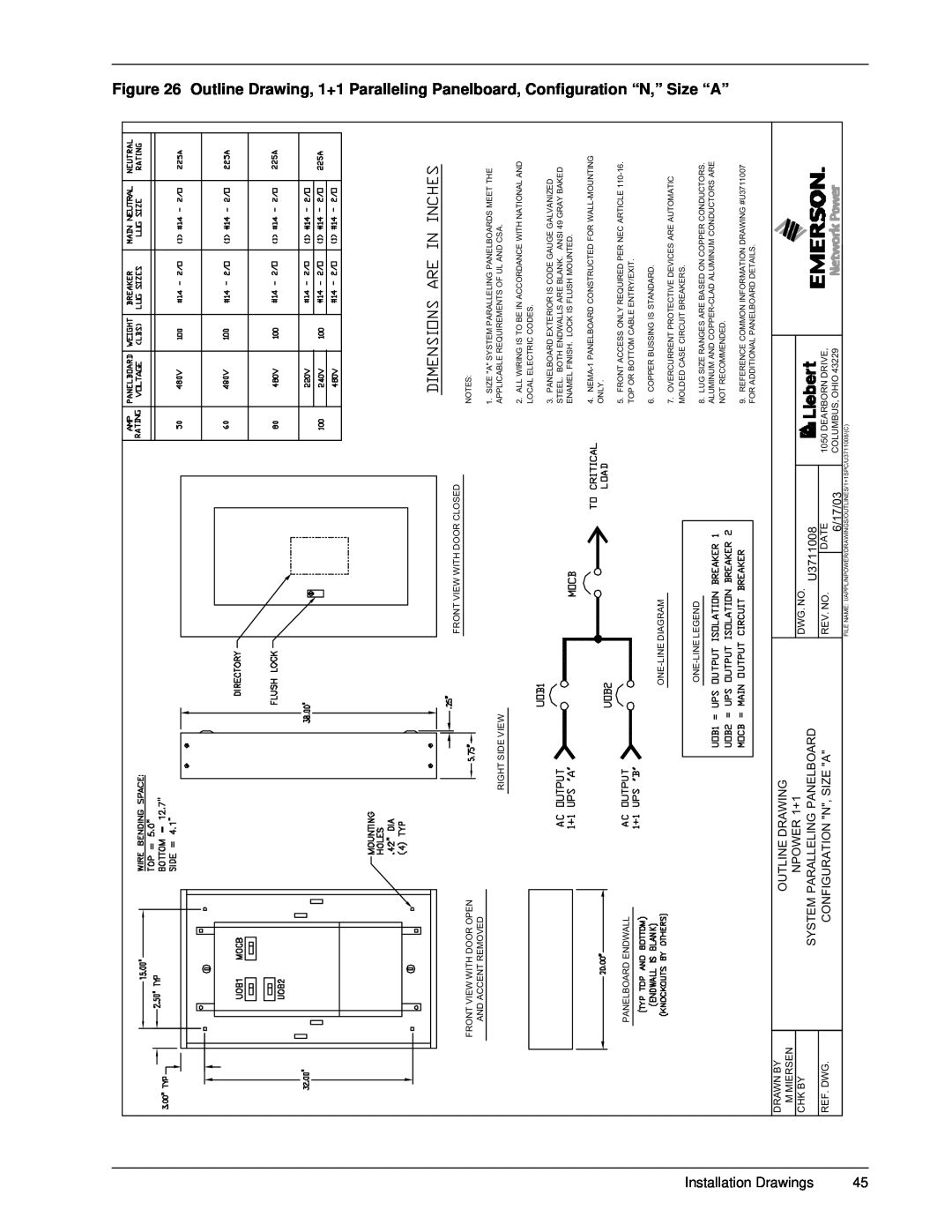 Emerson 30-130 kVA installation manual Size “A”, Installation, Drawings, Outline Drawing, NPOWER 1+1, 6/17/03 