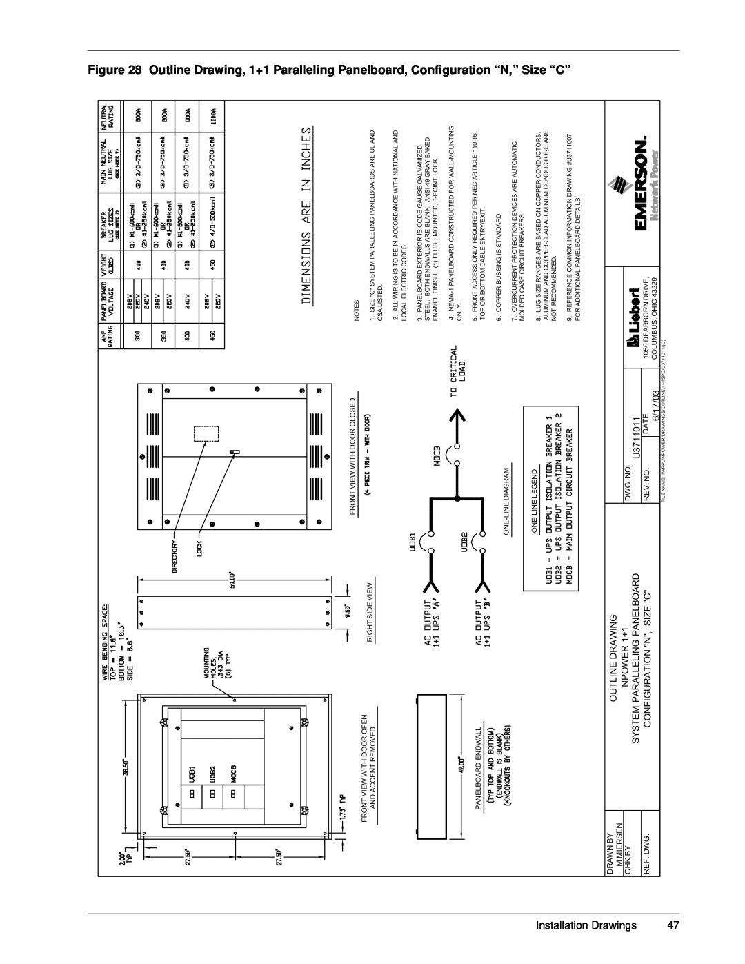 Emerson 30-130 kVA installation manual Outline Drawing, NPOWER 1+1, Configuration N, Size C, 6/17/03 