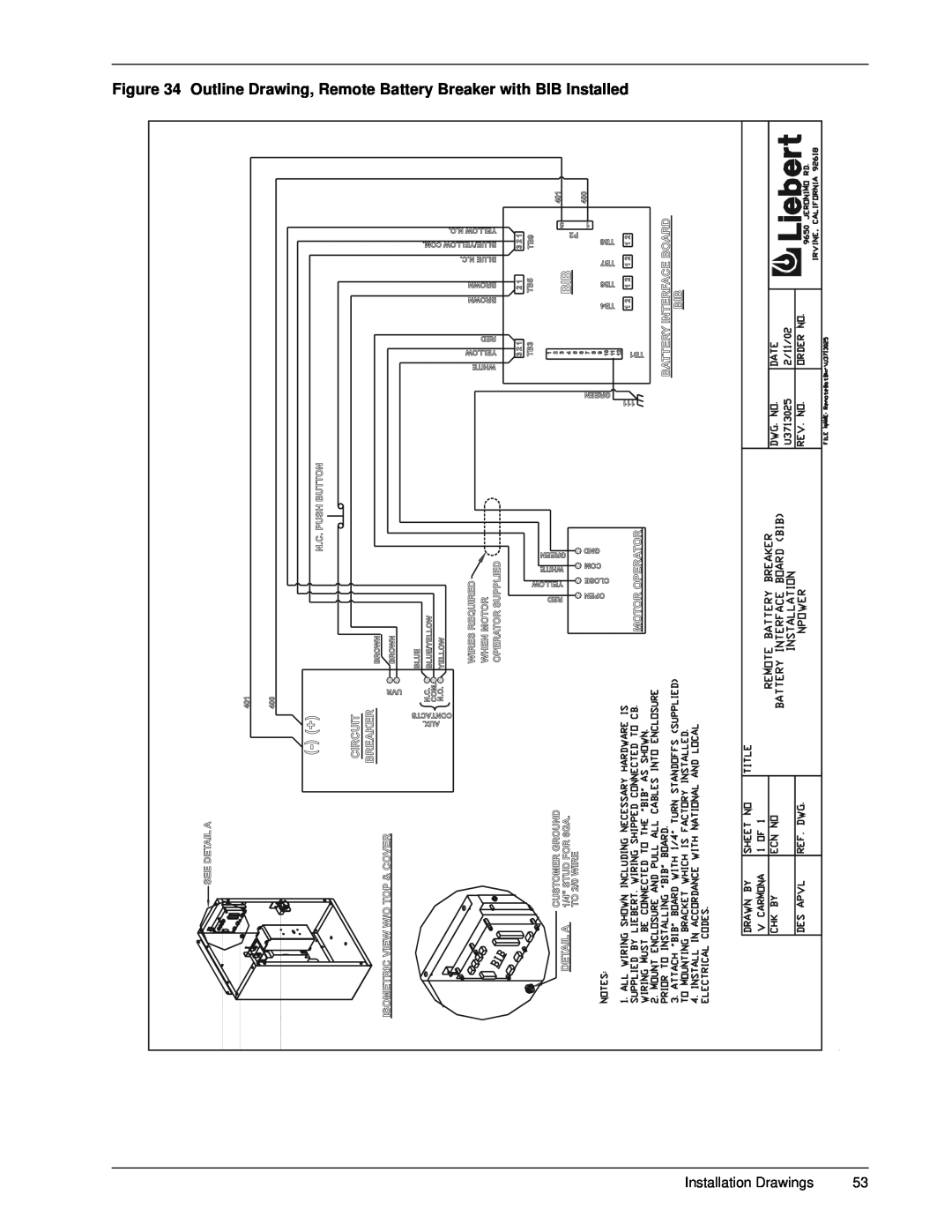 Emerson 30-130 kVA installation manual Outline Drawing, Remote Battery Breaker with BIB Installed, Installation Drawings 