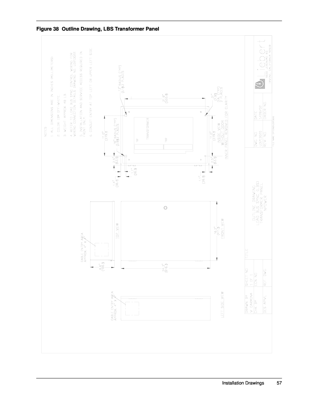 Emerson 30-130 kVA installation manual Outline Drawing, LBS Transformer Panel, Installation Drawings 