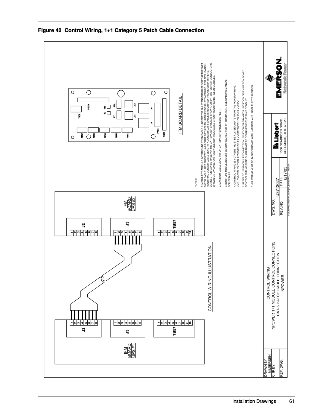 Emerson 30-130 kVA Control Wiring, 1+1 Category 5 Patch Cable Connection, Board, UPS #1, Control Wiring Illustration 