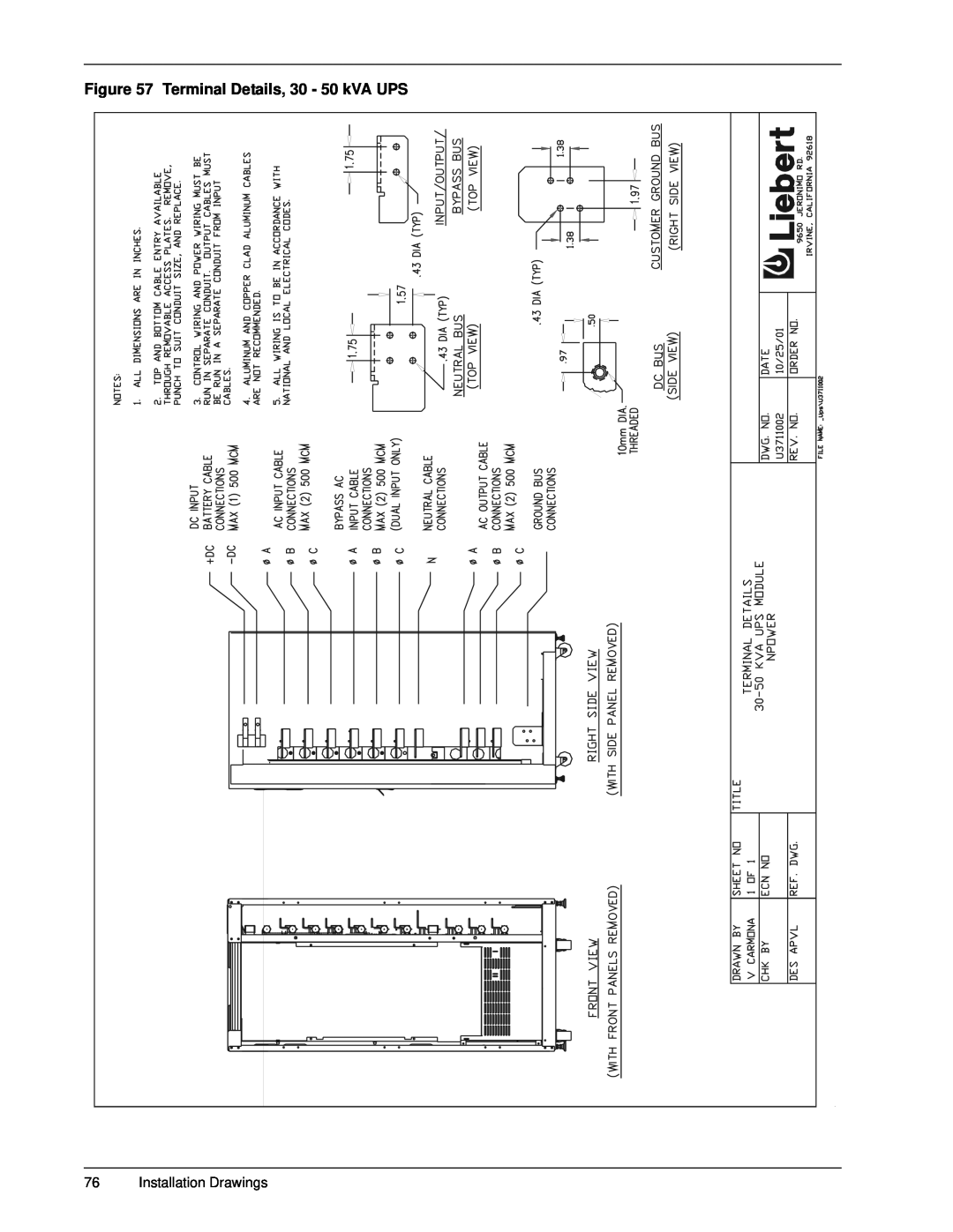 Emerson 30-130 kVA installation manual Terminal Details, 30 - 50 kVA UPS, Installation Drawings 