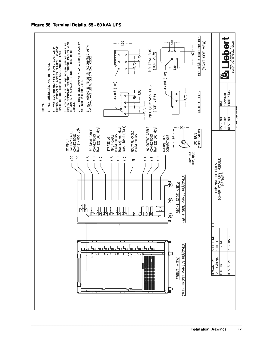 Emerson 30-130 kVA installation manual Terminal Details, 65 - 80 kVA UPS, Installation Drawings 